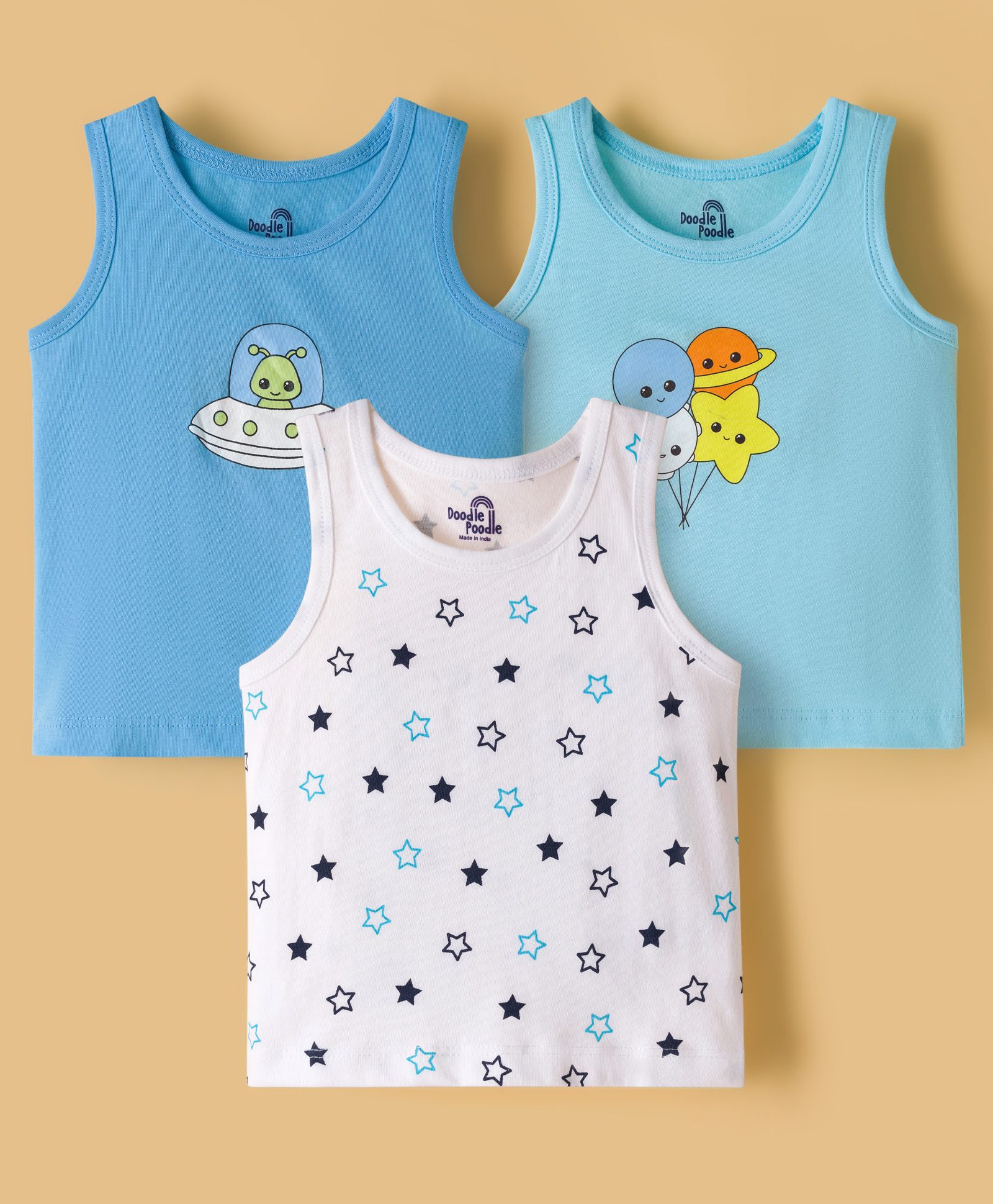 Doodle Poodle 100% Cotton Knit Sleeveless Space Theme Printed Vests Pack of 3 - White Light & Aqua Blue-image-47
