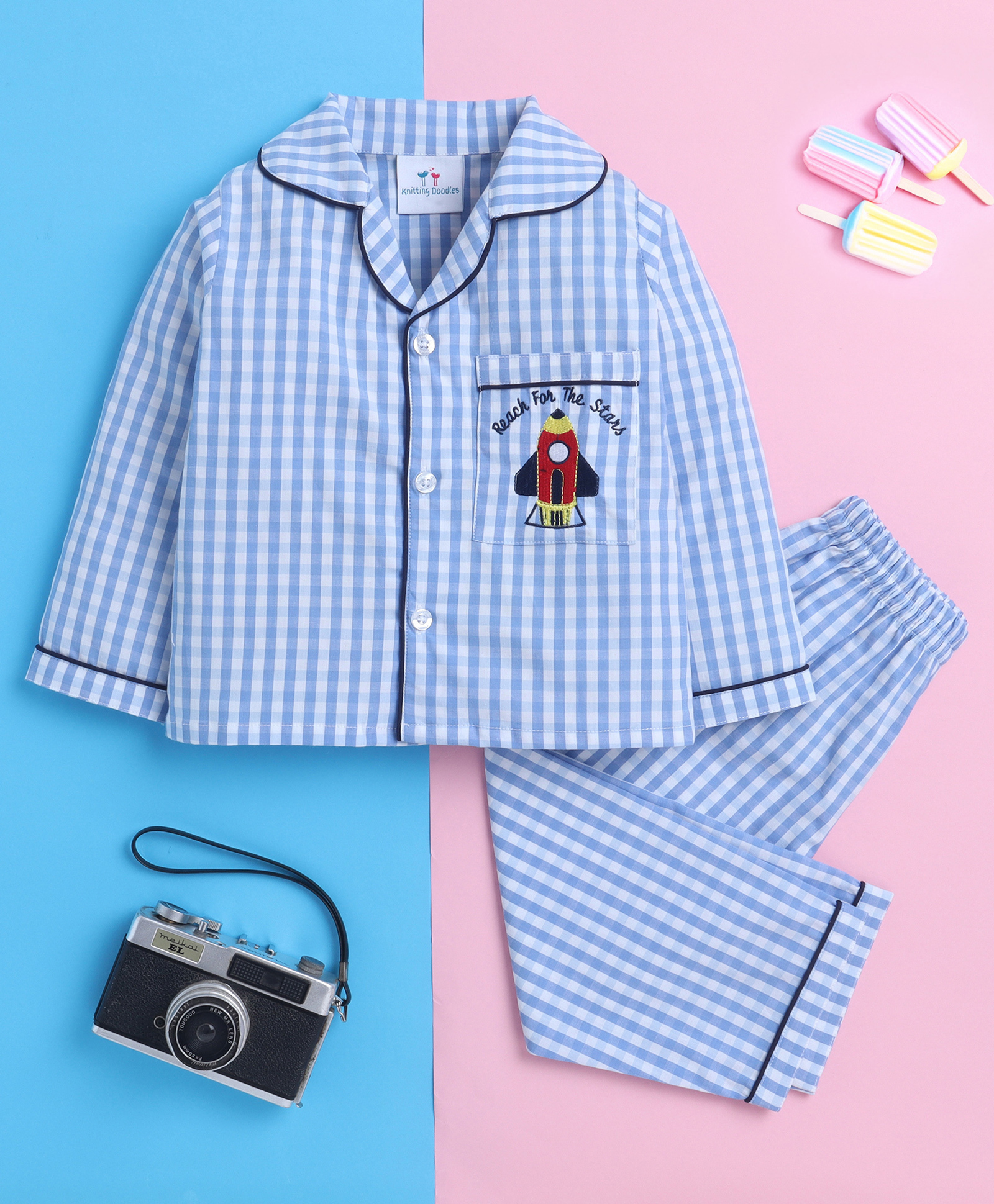 Knitting Doodles Pure Cotton Woven Full Sleeves Checked Coordinating Night Suit Set - Blue & White-picture-35