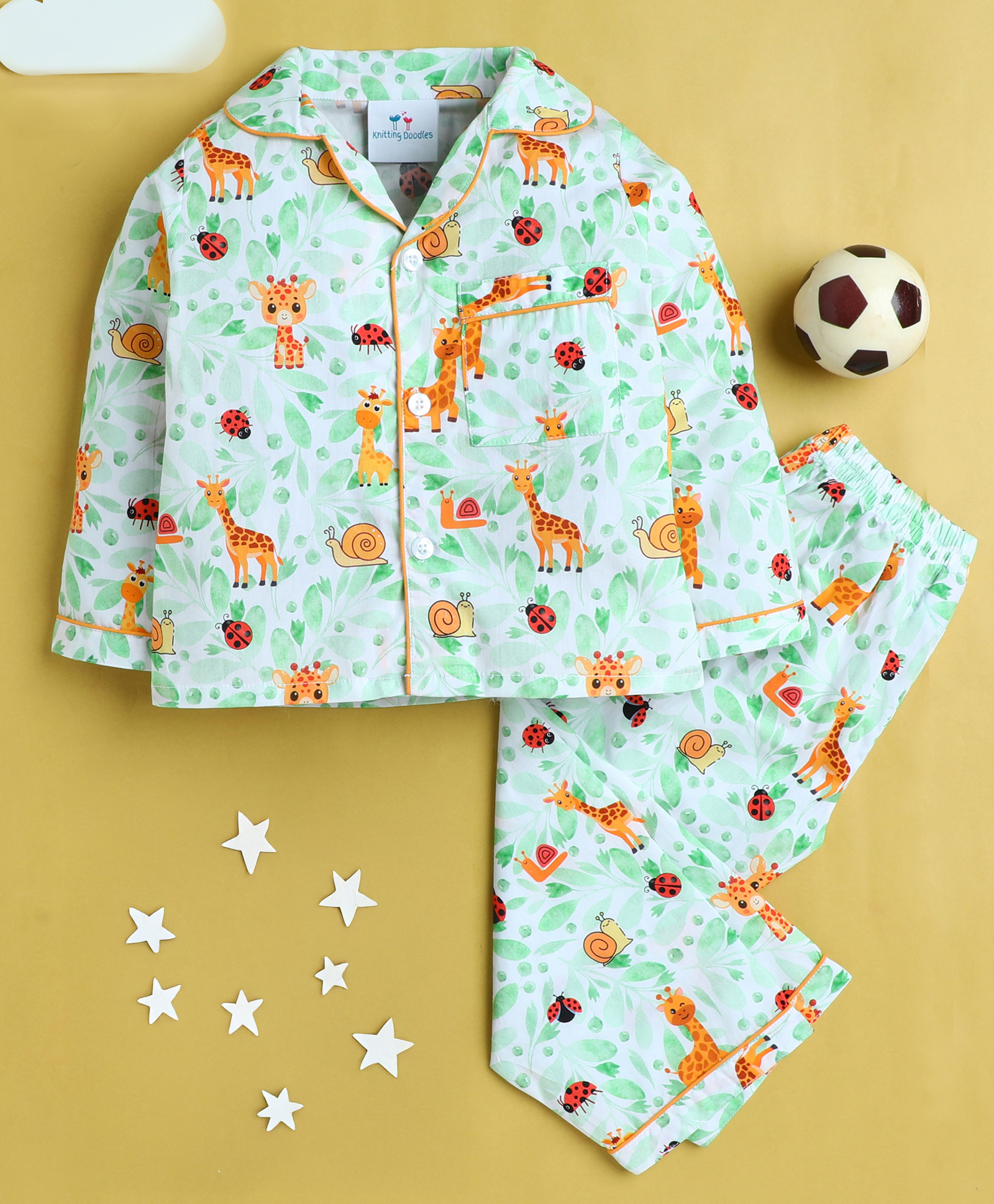 Knitting Doodles Pure Cotton Woven Full Sleeves Jungle Theme Printed Coordinating Night Suit Set - White-picture-41