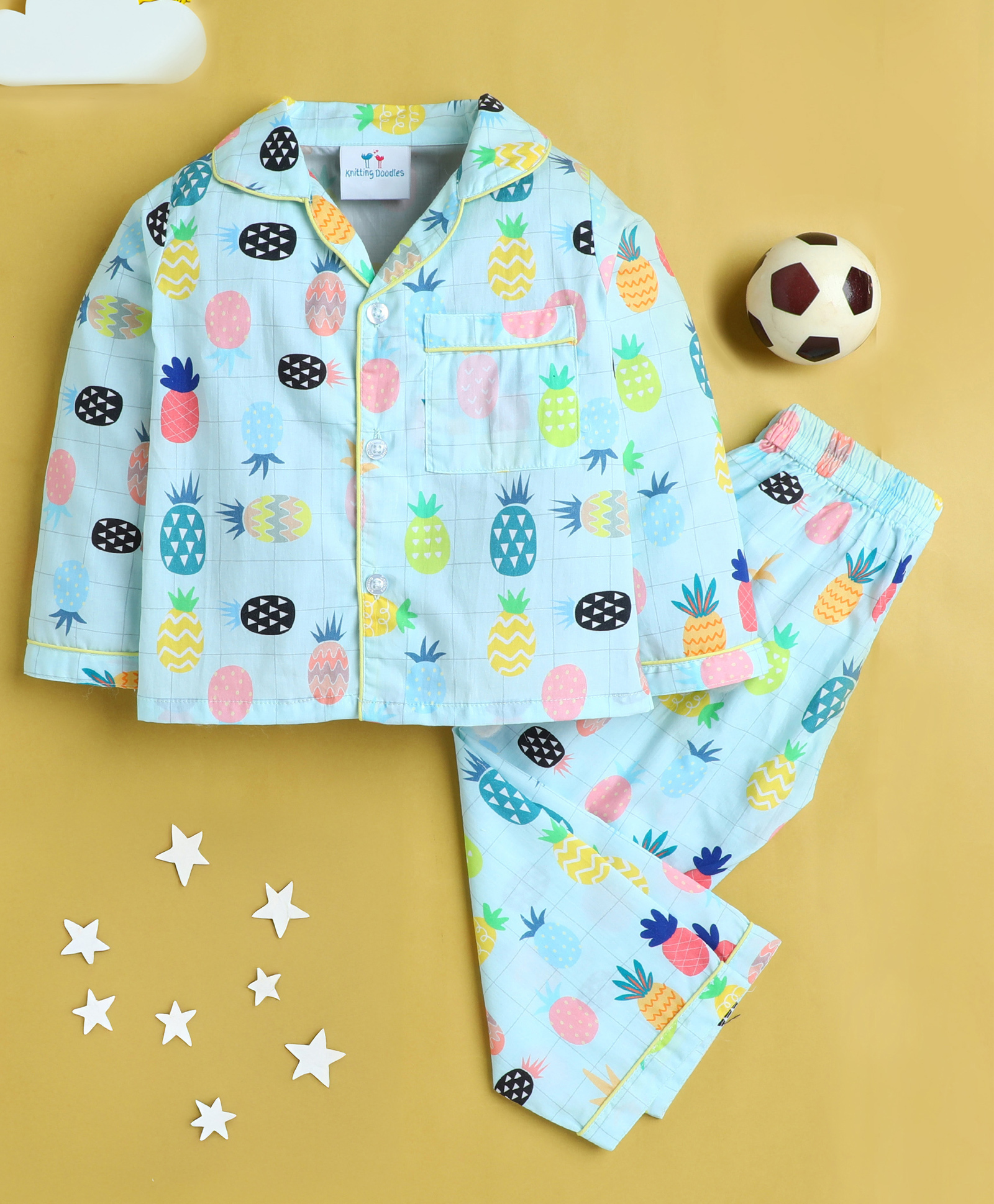 Knitting Doodles Pure Cotton Woven Full Sleeves Fruits Theme Printed Coordinating Night Suit Set - Light Blue-picture-22