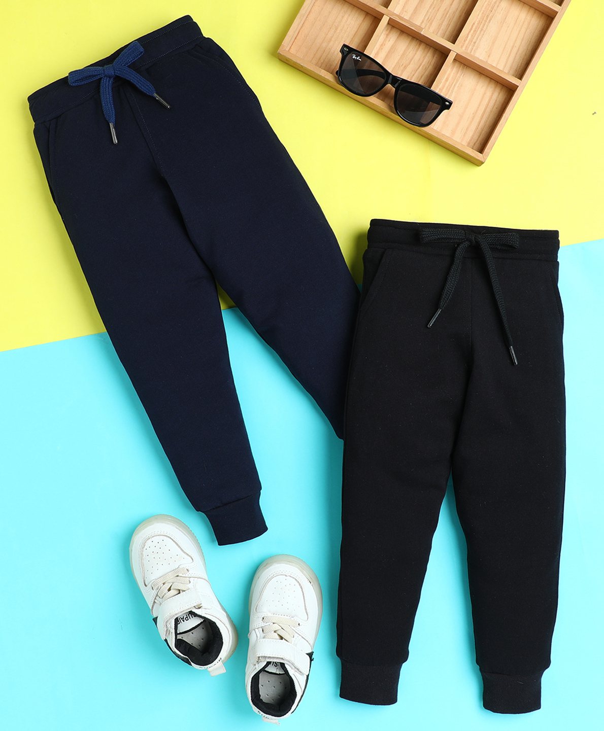Knitting Doodles Terry Knit Pack Of 2 Solid Track Pants - Navy Blue & Black-image-48