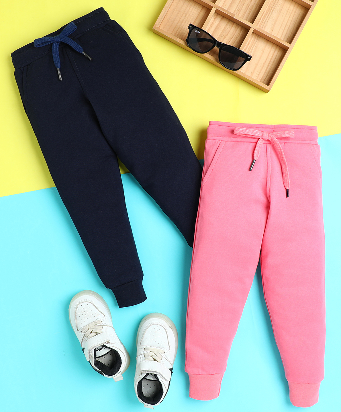 Knitting Doodles Terry Knit Pack Of 2 Solid Track Pants - Navy Blue & Pink-image-47