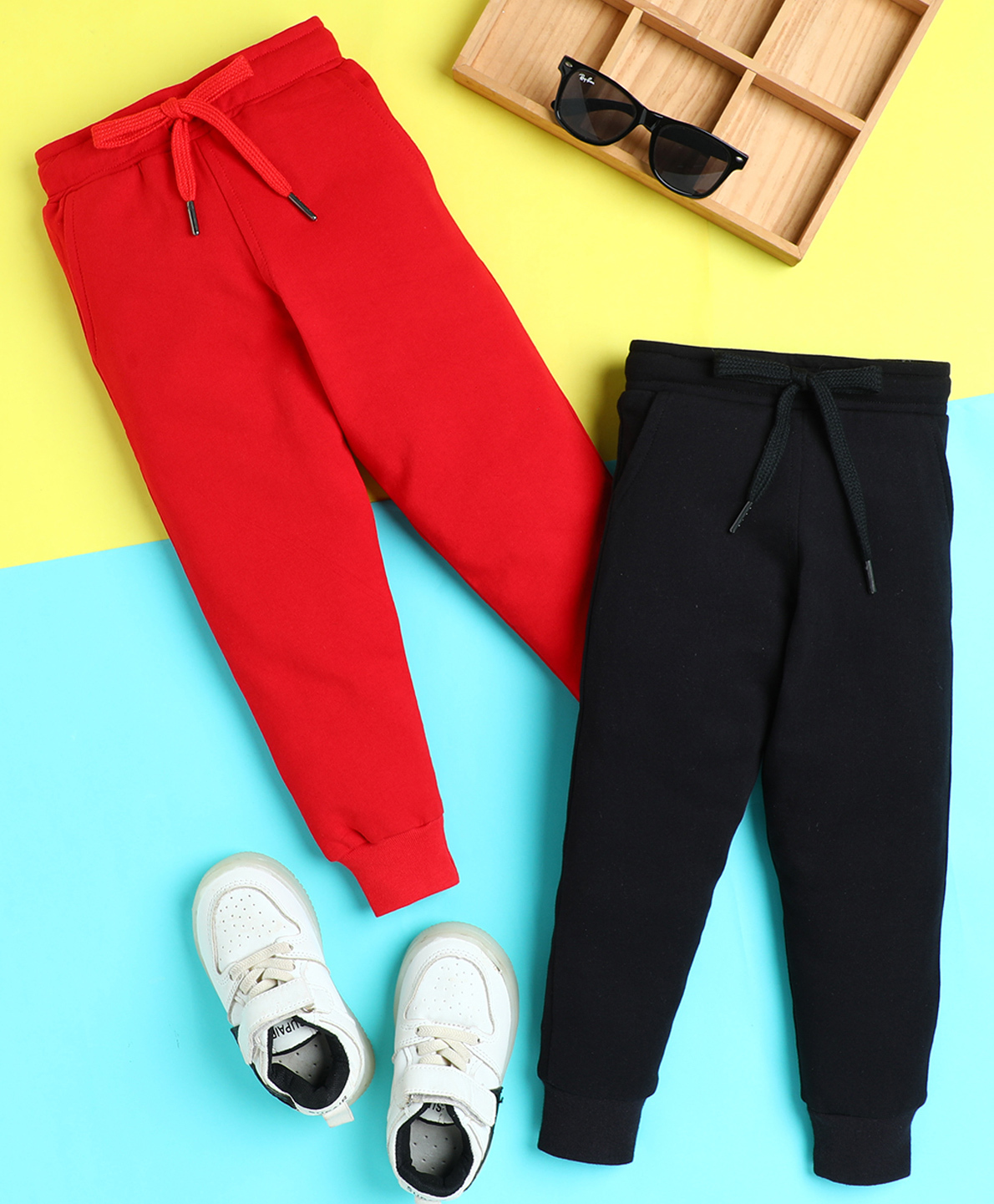 Knitting Doodles Terry Knit Pack Of 2 Solid Track Pants - Cherry Red & Black-picture-18