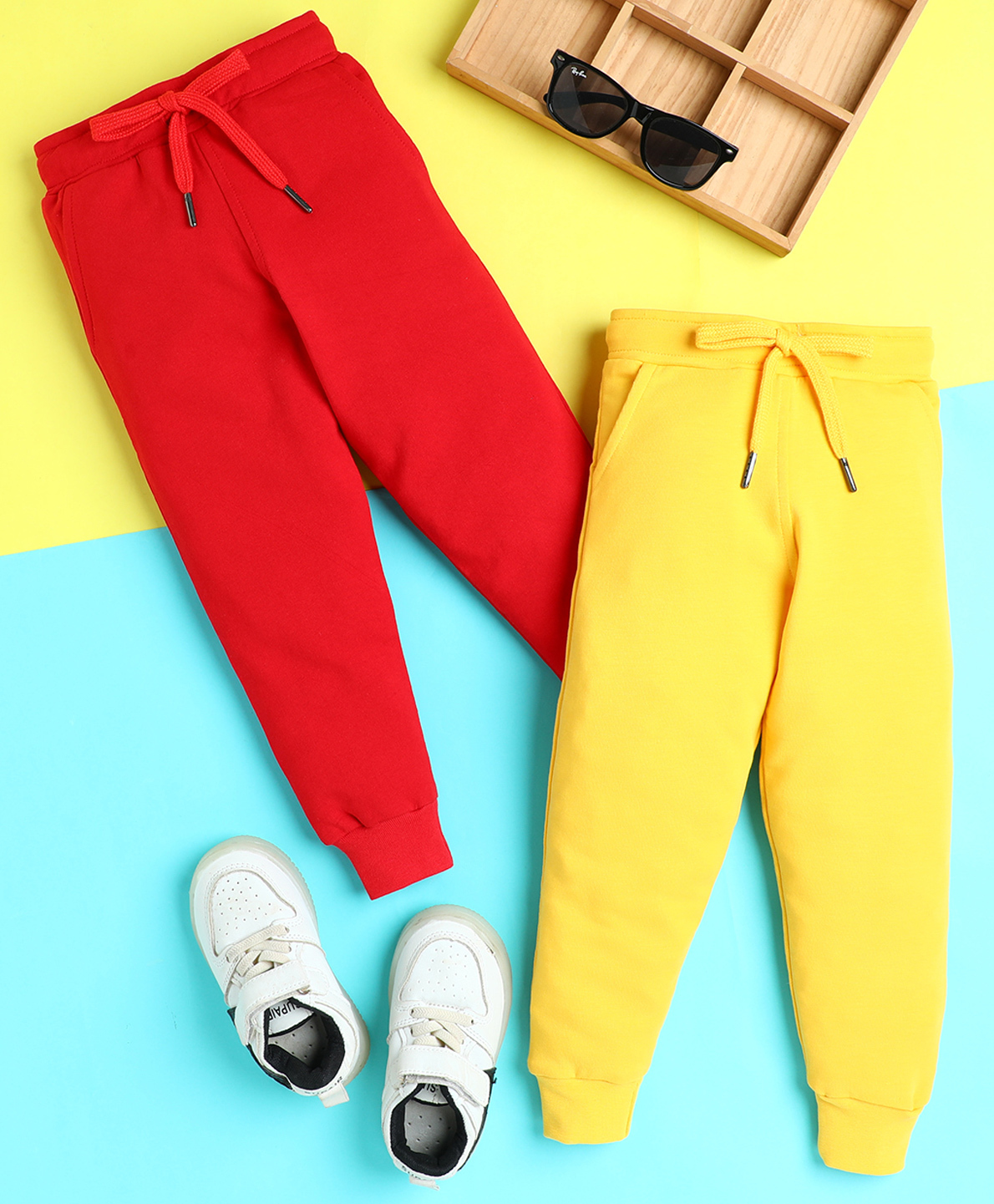 Knitting Doodles Terry Knit Pack Of 2 Solid Track Pants - Cherry Red & Yellow-image-49