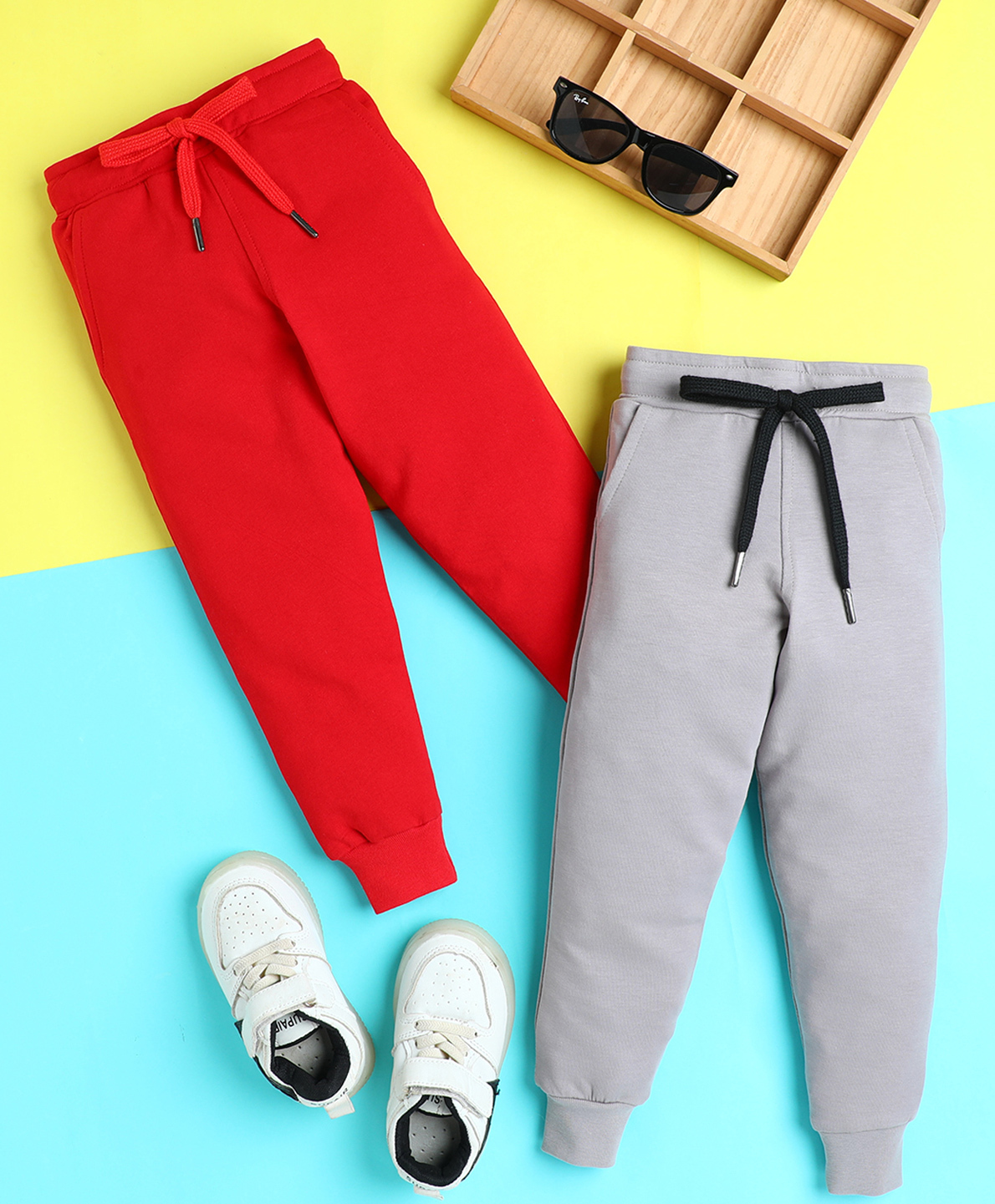 Knitting Doodles Terry Knit Pack Of 2 Solid Track Pants - Cherry Red & Grey-image-30