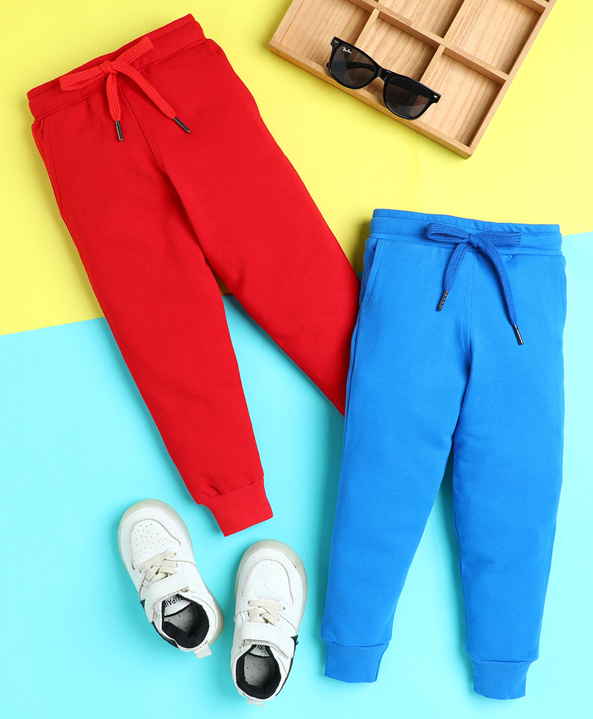 Knitting Doodles Terry Knit Pack Of 2 Solid Track Pants - Blue & Cherry Red-picture-37