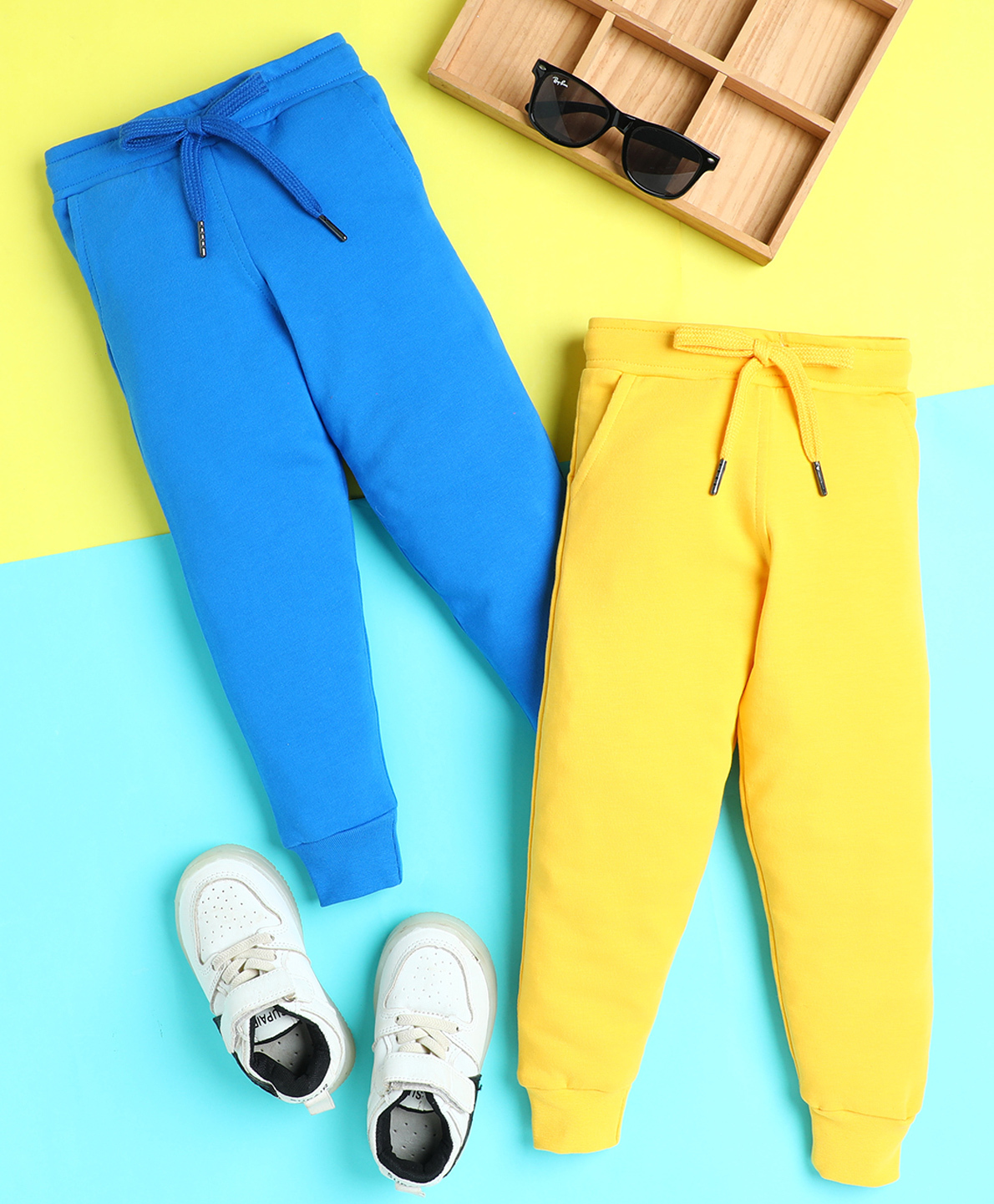 Knitting Doodles Terry Knit Pack Of 2 Solid Track Pants - Blue & Yellow-picture-17