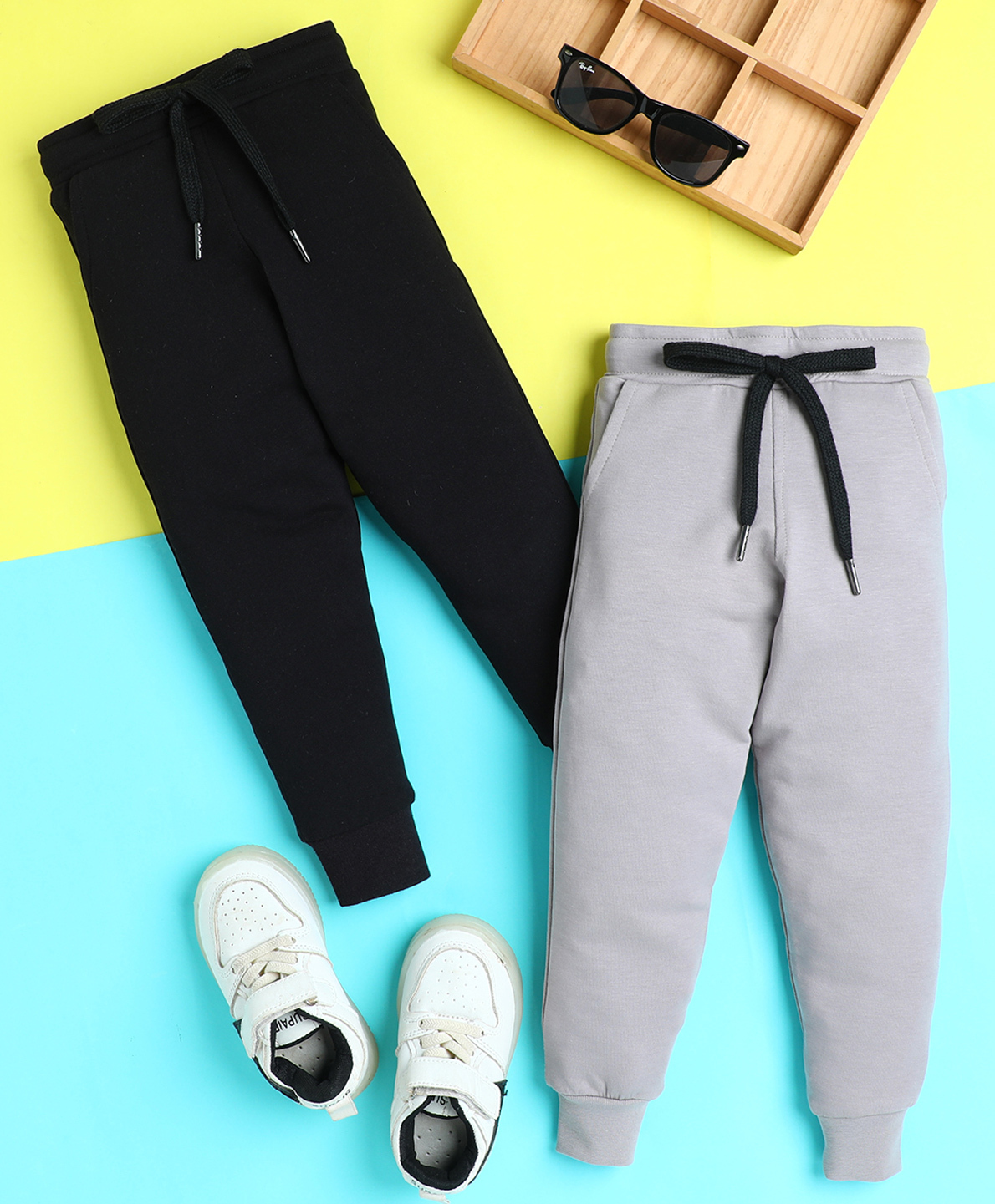 Knitting Doodles Terry Knit Pack Of 2 Solid Track Pants - Black & Grey-image-44