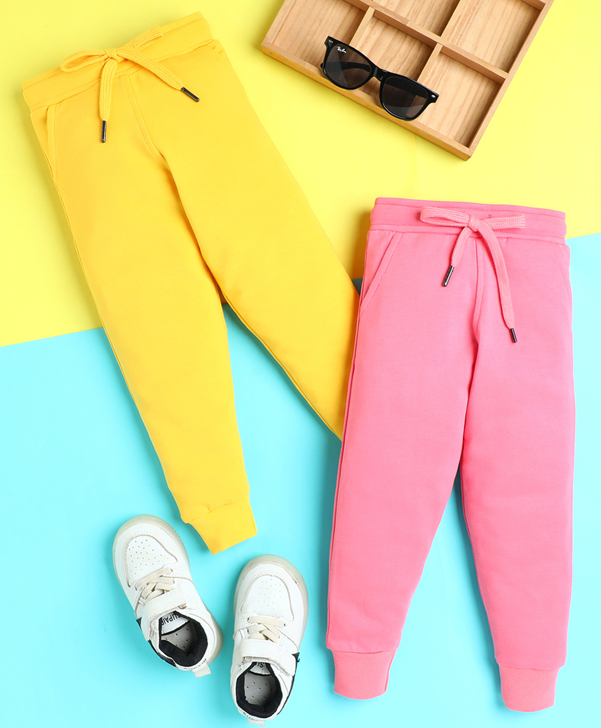 Knitting Doodles Terry Knit Pack Of 2 Solid Track Pants - Yellow & Pink-image-40