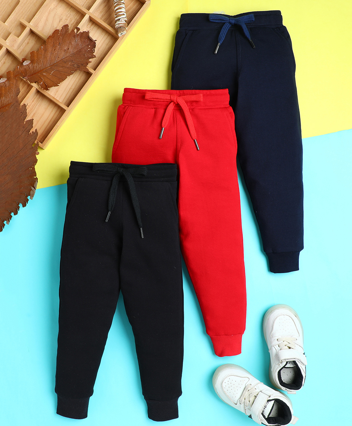 Knitting Doodles Terry Knit Pack Of 3 Solid Track Pants - Navy Blue Cherry Red & Black-picture-21