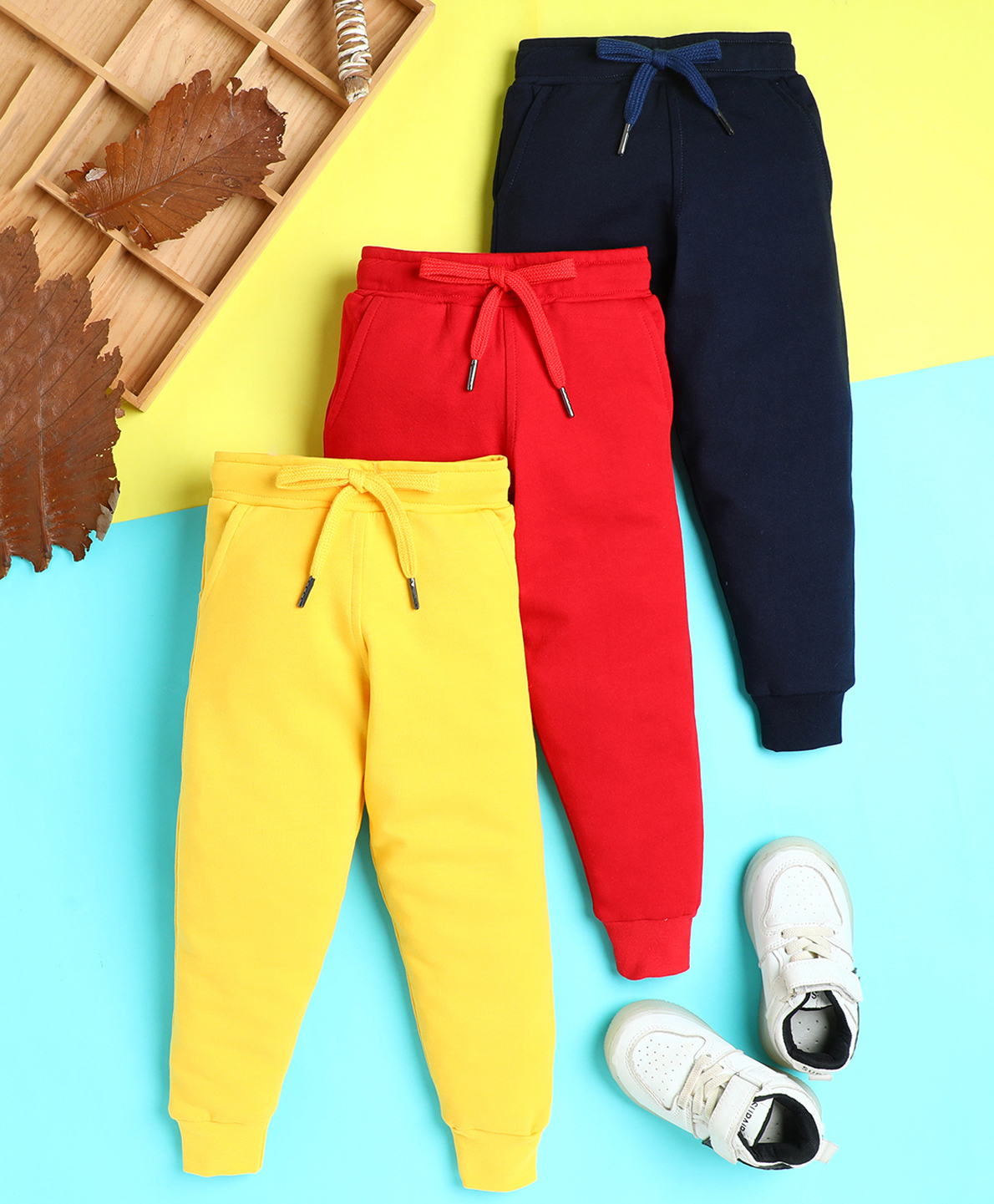 Knitting Doodles Terry Knit Pack Of 3 Solid Track Pants - Navy Blue Cherry Red & Yellow-picture-15