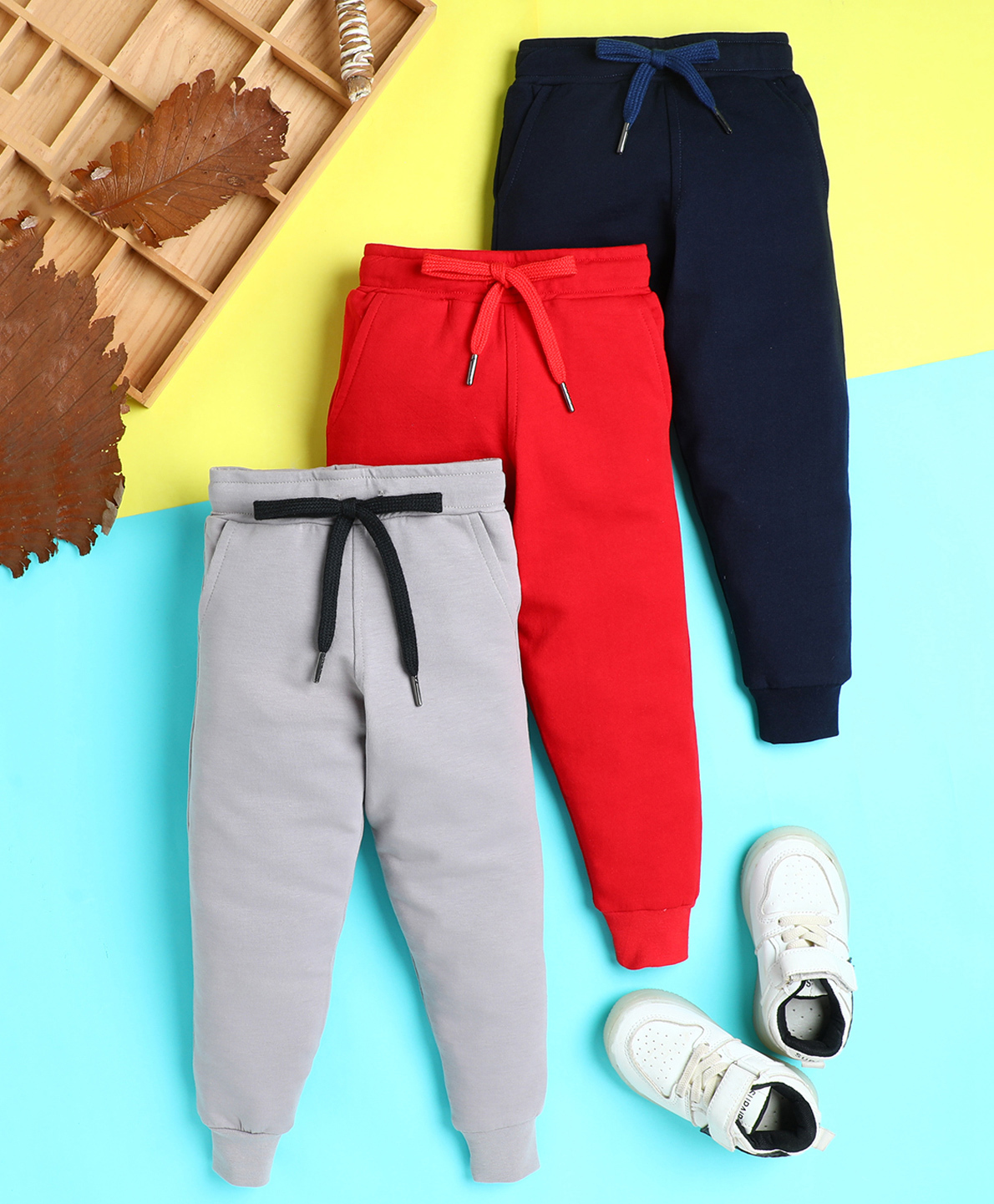 Knitting Doodles Terry Knit Pack Of 3 Solid Track Pants - Navy Blue Cherry Red & Grey-picture-18