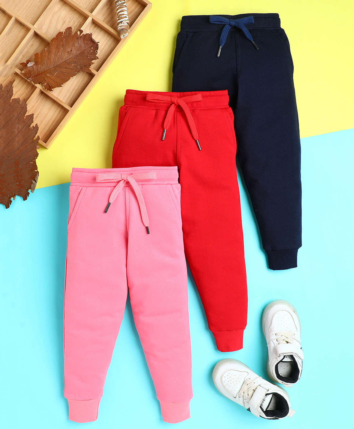 Knitting Doodles Terry Knit Pack Of 3 Solid Track Pants - Navy Blue Cherry Red & Pink-picture-25