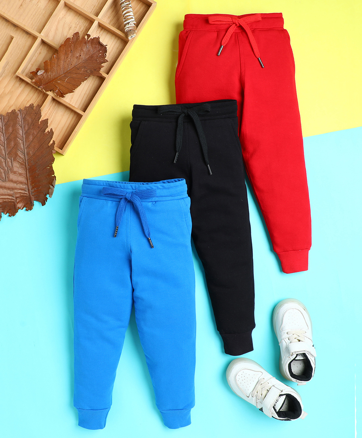 Knitting Doodles Terry Knit Pack Of 3 Solid Track Pants - Cherry Red Black & Blue-picture-17