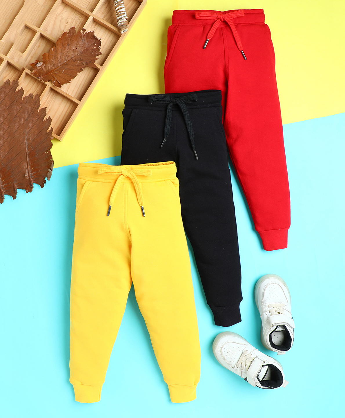 Knitting Doodles Terry Knit Pack Of 3 Solid Track Pants - Cherry Red Black & Yellow-picture-12