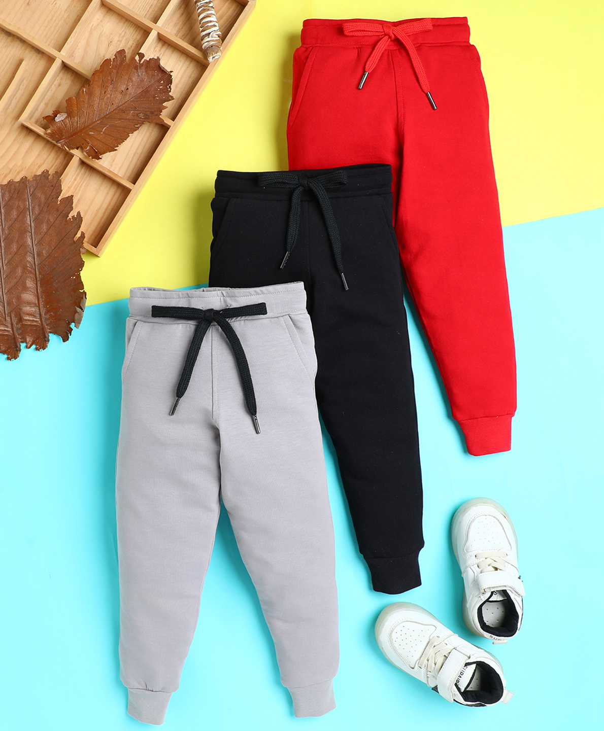 Knitting Doodles Terry Knit Pack Of 3 Solid Track Pants - Cherry Red Black & Grey-picture-10