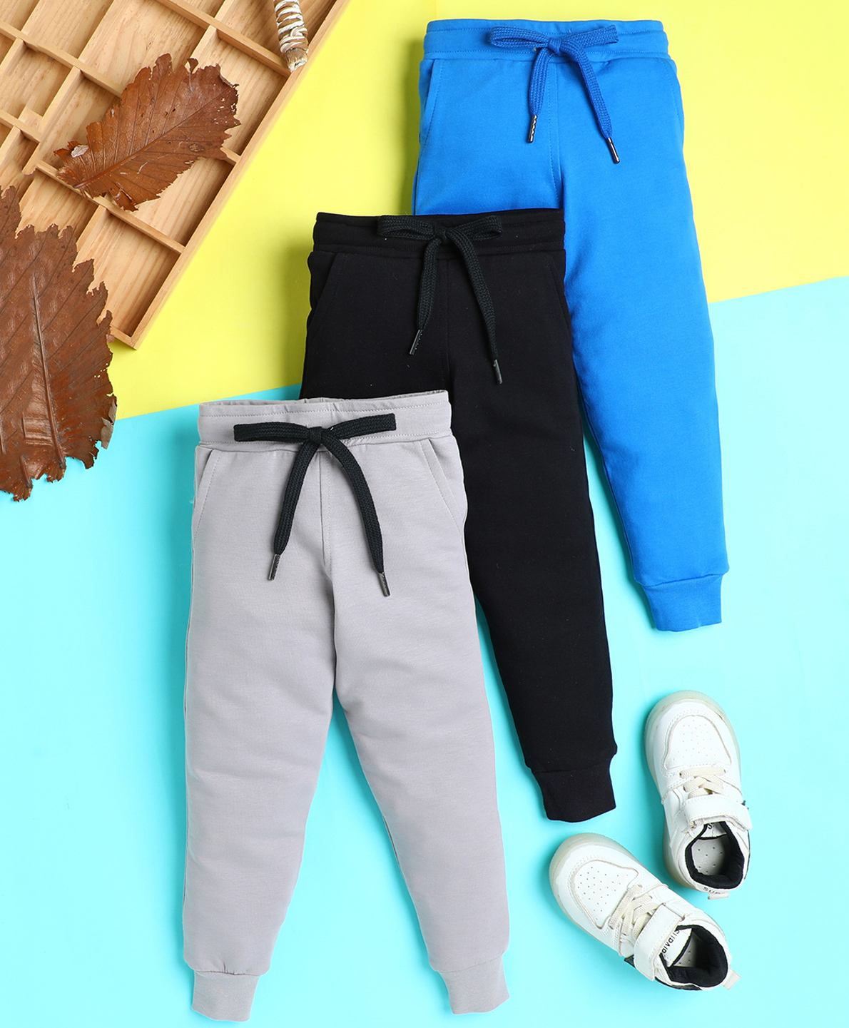 Knitting Doodles Terry Knit Pack Of 3 Solid Track Pants - Blue Black & Grey-picture-22