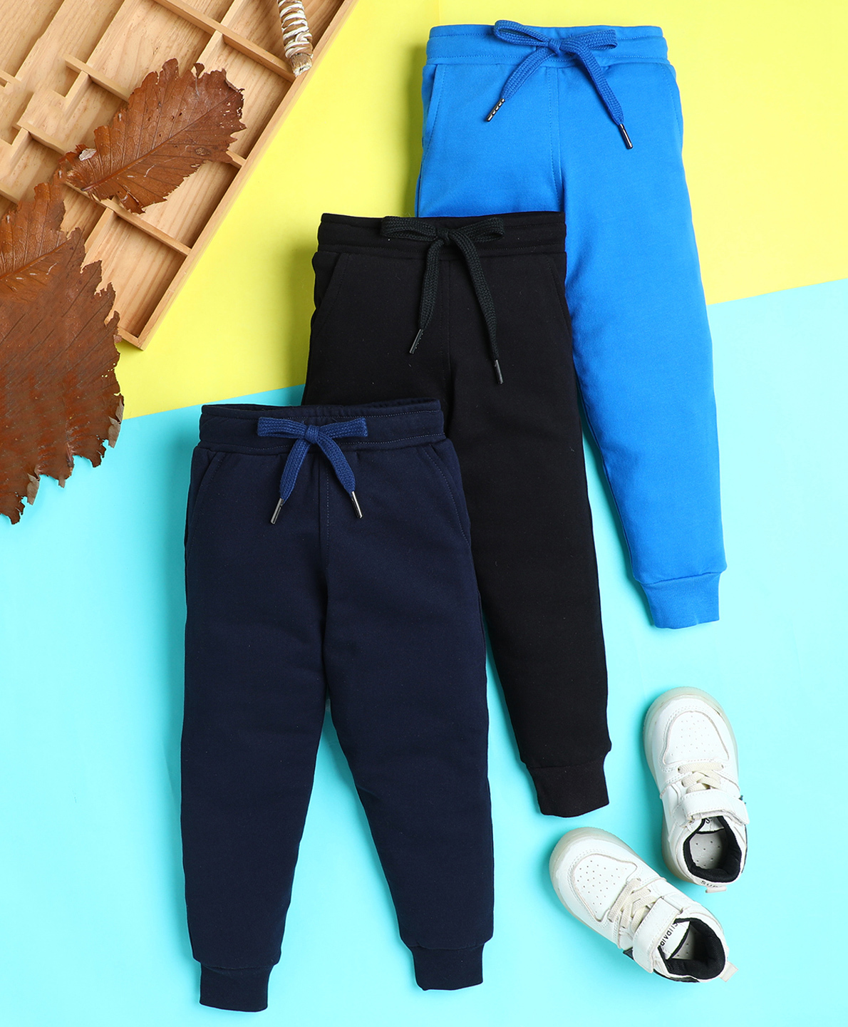 Knitting Doodles Terry Knit Pack Of 3 Solid Track Pants - Blue Black & Navy Blue-picture-16