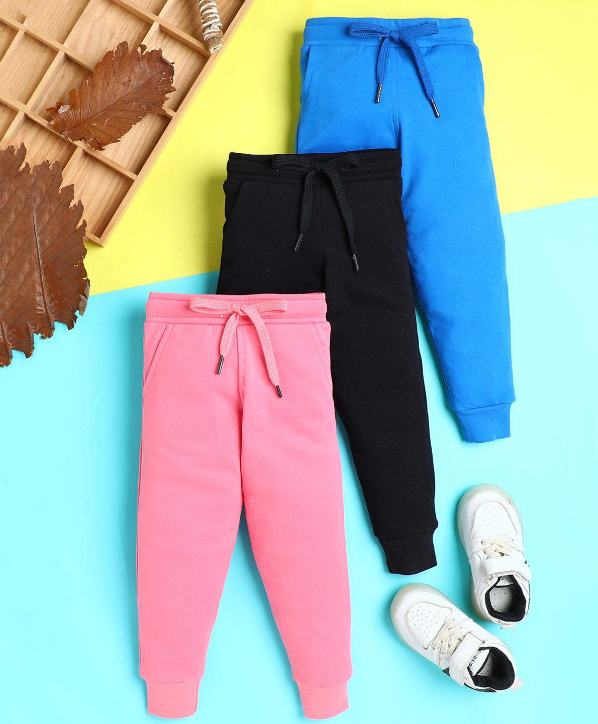 Knitting Doodles Terry Knit Pack Of 3 Solid Track Pants - Blue Black & Pink-picture-11