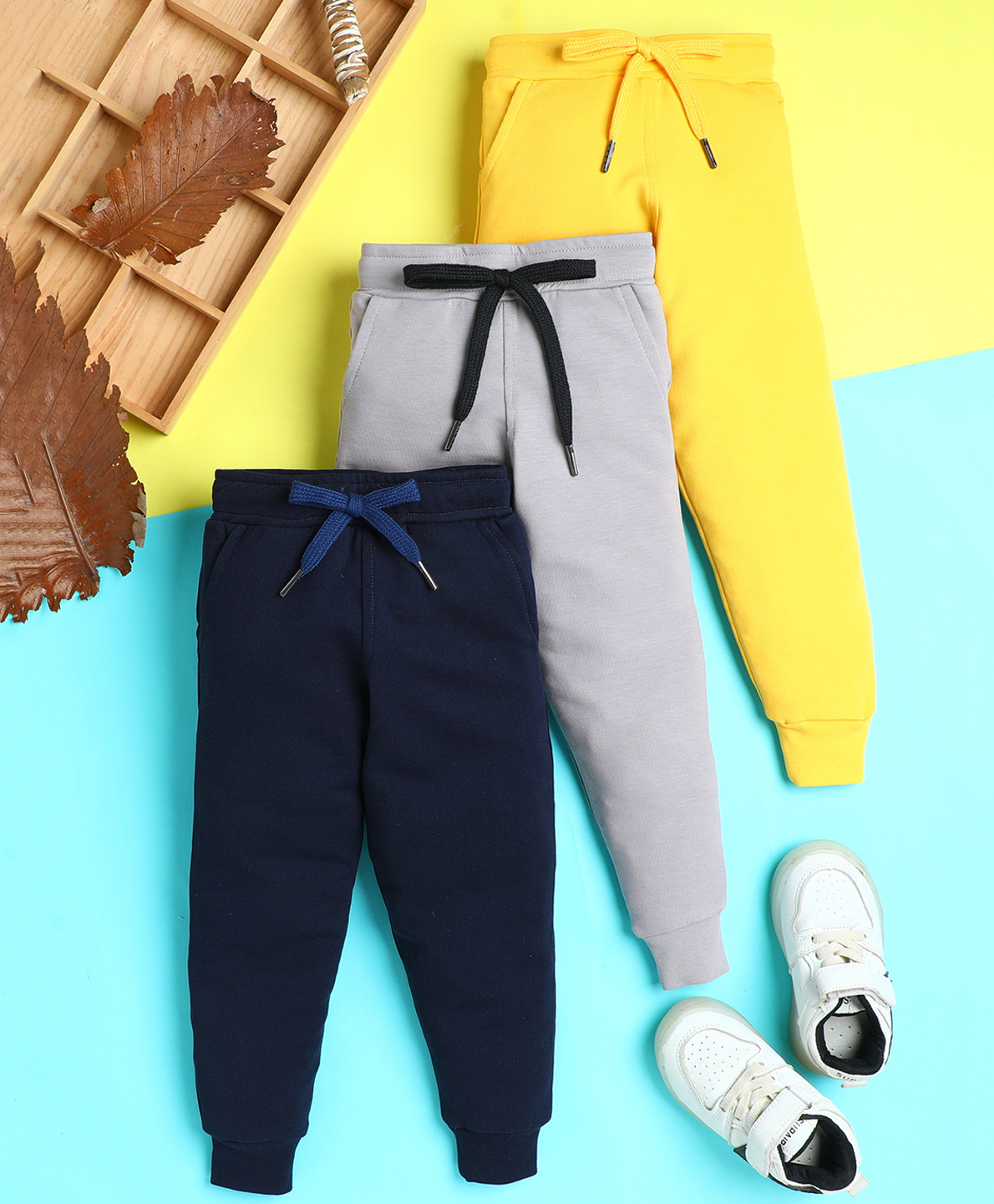 Knitting Doodles Terry Knit Pack Of 3 Solid Track Pants - Yellow Grey & Navy-picture-19