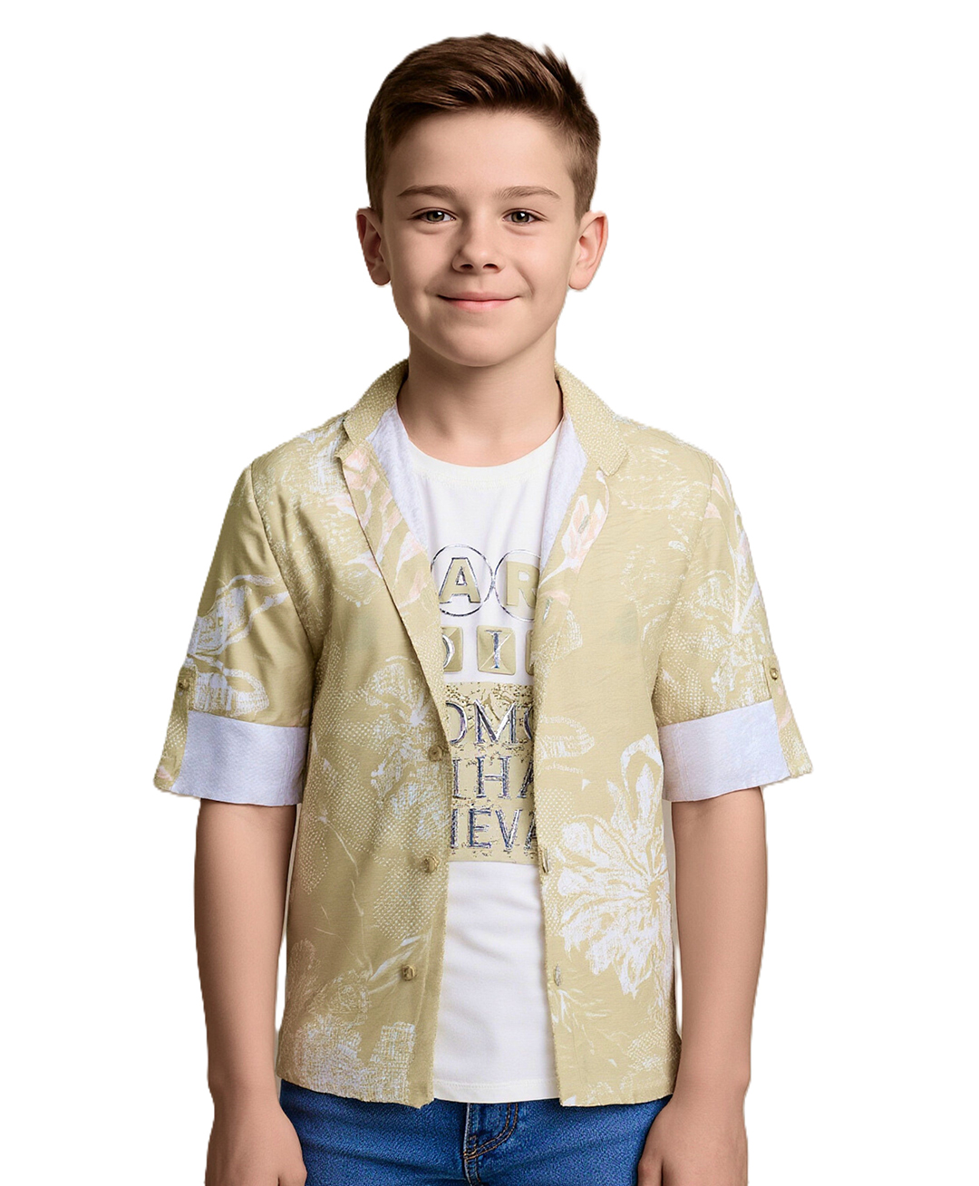 CAVIO Cotton Woven Full Sleeves Floral Printed Shirt With Tee - Khaki-image-12
