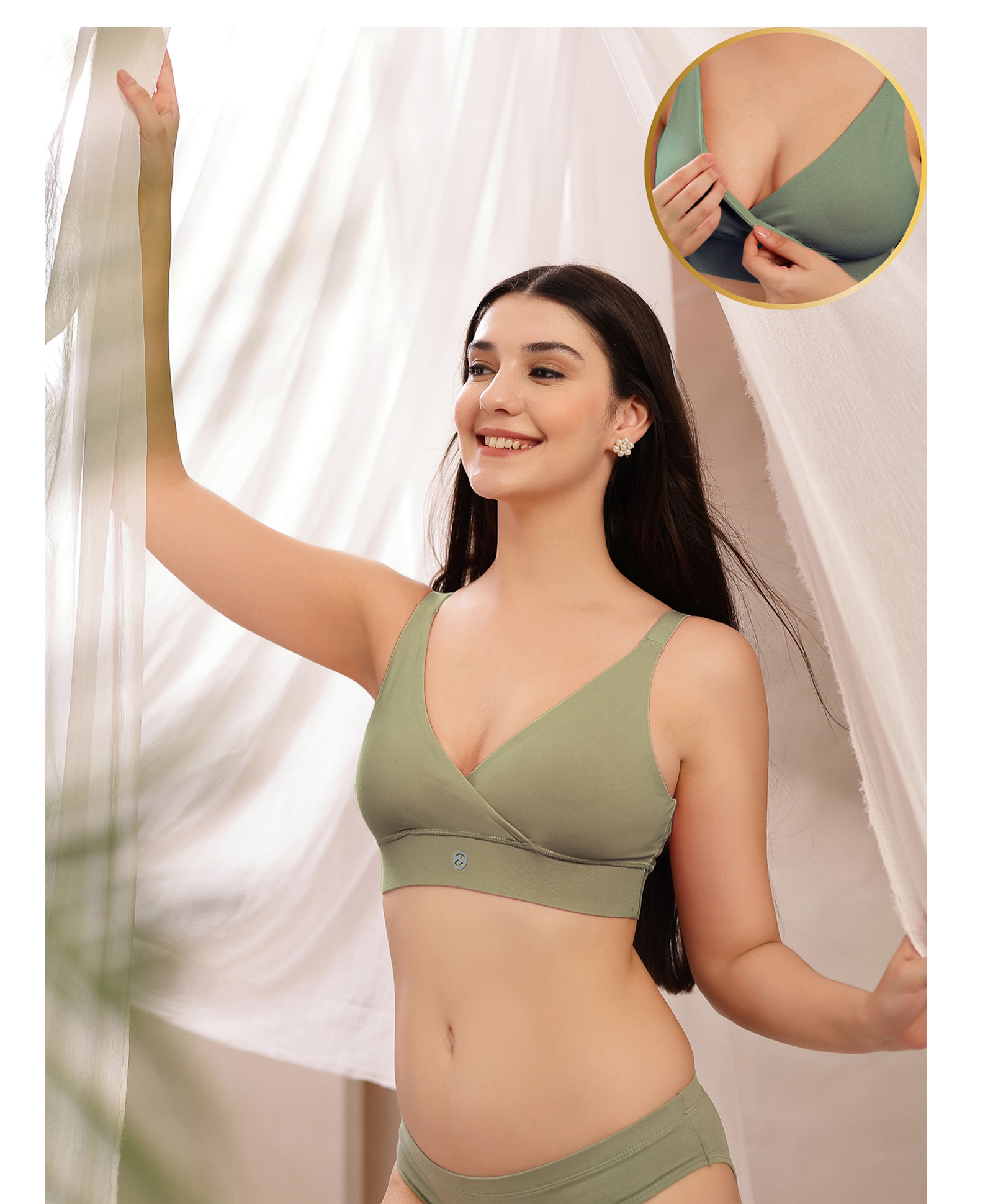 Zelena 92% Cotton 8% Lycra Knit Solid Adjustable Strap Maternity Bra With Front Open Nursing Access - Medium Green-picture-31