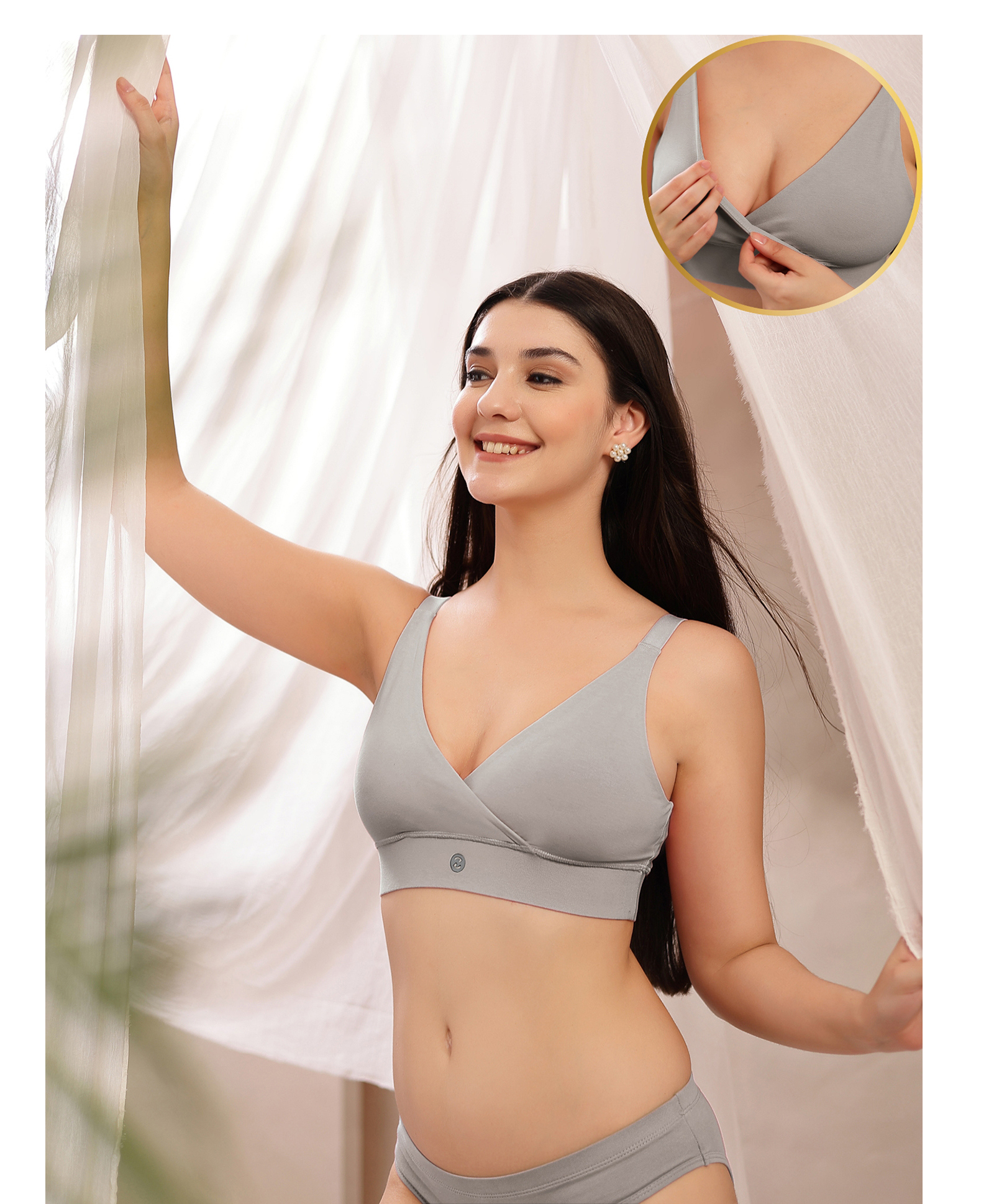 Zelena 92% Cotton 8% Lycra Knit Solid Adjustable Strap Maternity Bra With Front Open Nursing Access - Light Grey-image-2