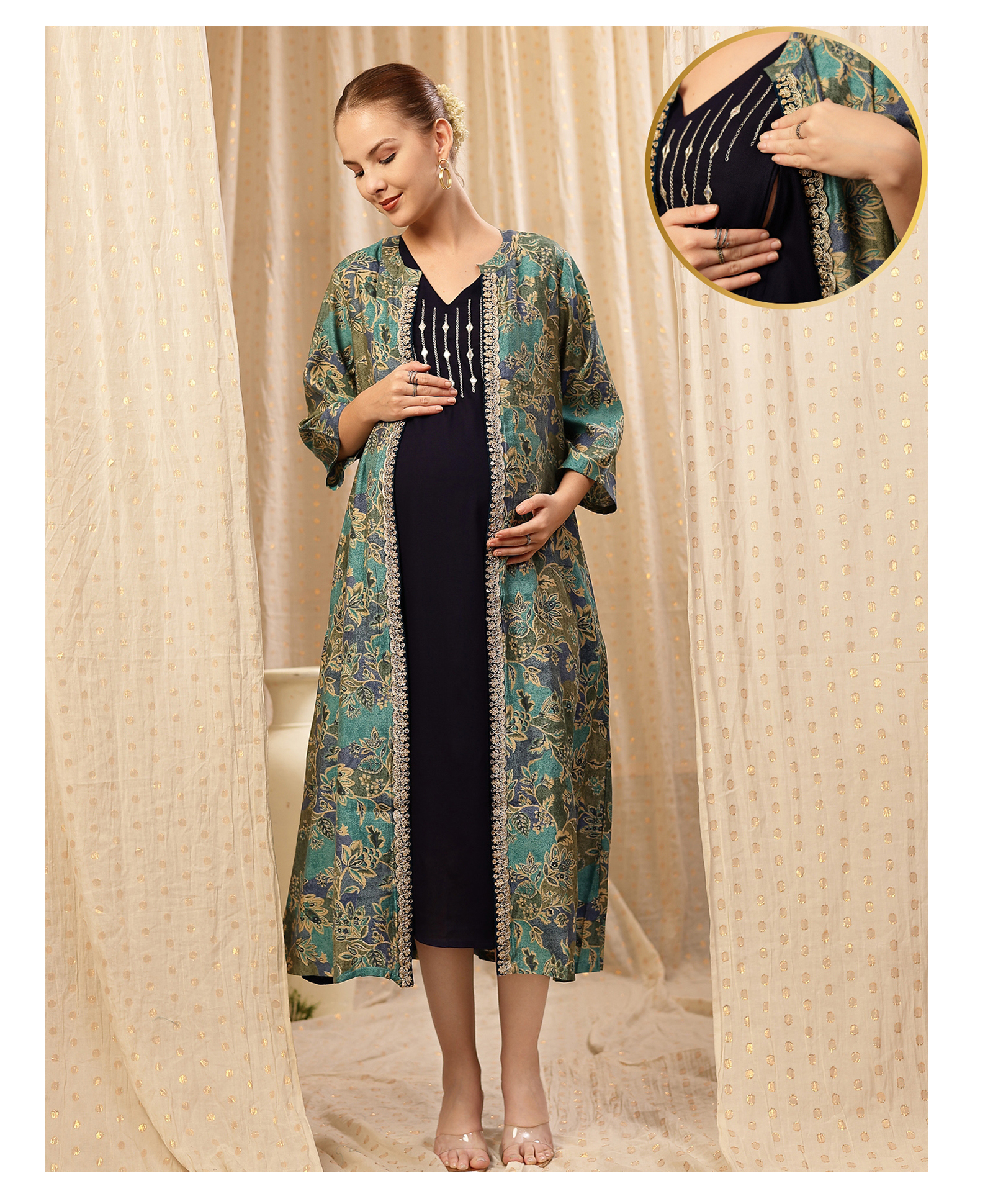 Zelena 100% Viscose Woven Mirrorwork Detailed & Threadwork Embroidered Maternity Dress With Side Seam Nursing Access & Three Fourth Sleeves Shrug - Deep Navy Blue-picture-20