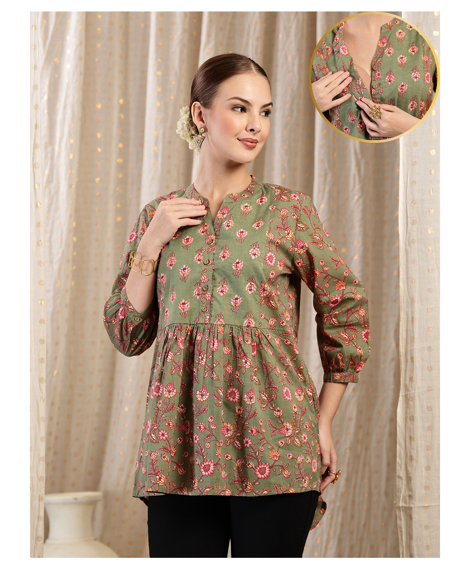 Zelena Cotton Silk Woven Three Fourth Sleeves Floral Printed Maternity Top With Front Open Nursing Access - Sage-image-43