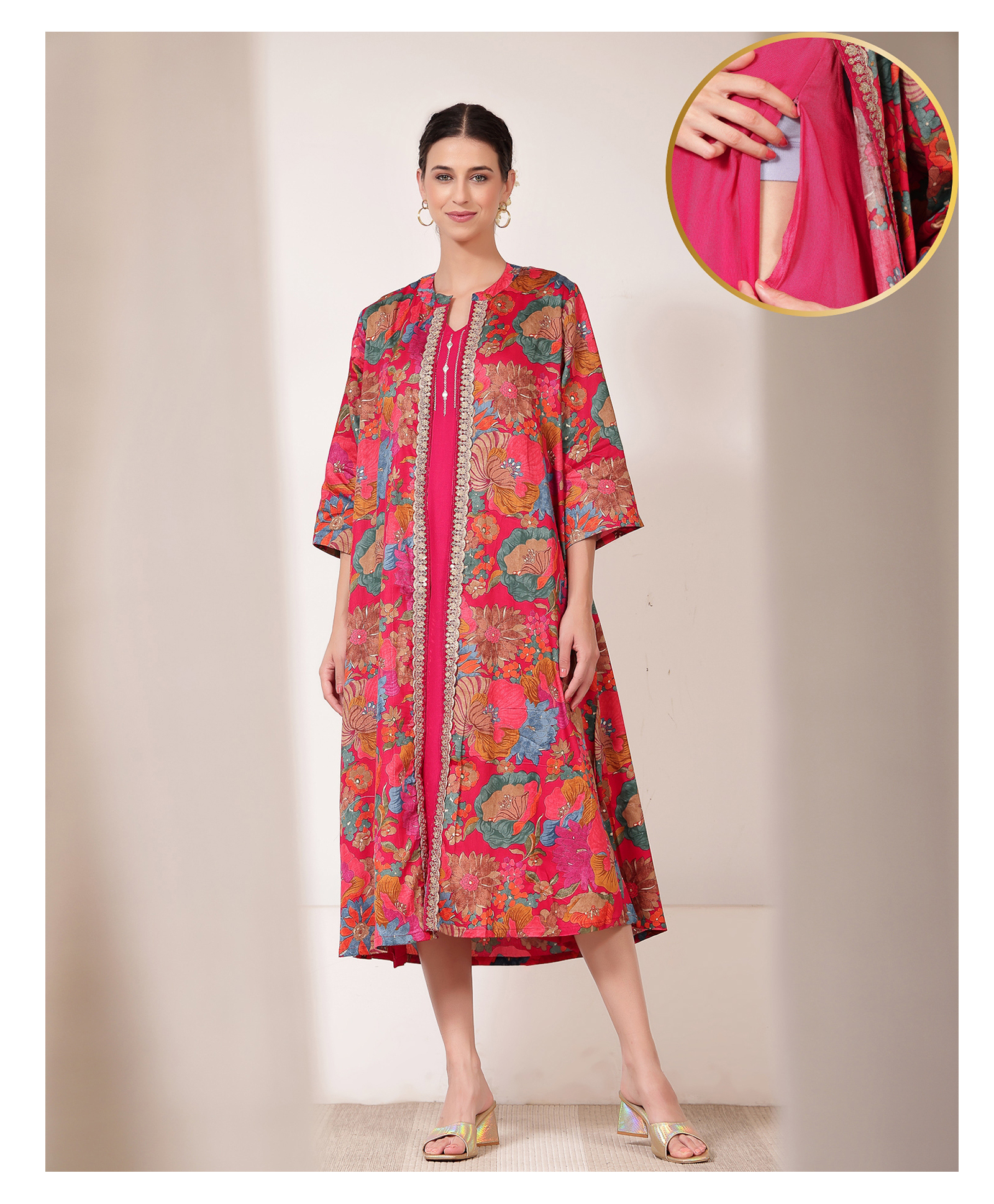 Zelena 100% Viscose Woven Mirrorwork Detailed & Threadwork Embroidered Maternity Dress With Side Seam Nursing Access & Three Fourth Sleeves Shrug - Bright Magenta-picture-21