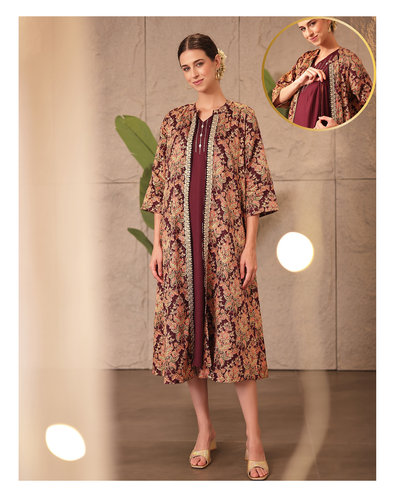 Zelena 100% Viscose Woven Mirrorwork Detailed & Threadwork Embroidered Maternity Dress With Side Seam Nursing Access & Three Fourth Sleeves Shrug - Deep Royal Purple-picture-12