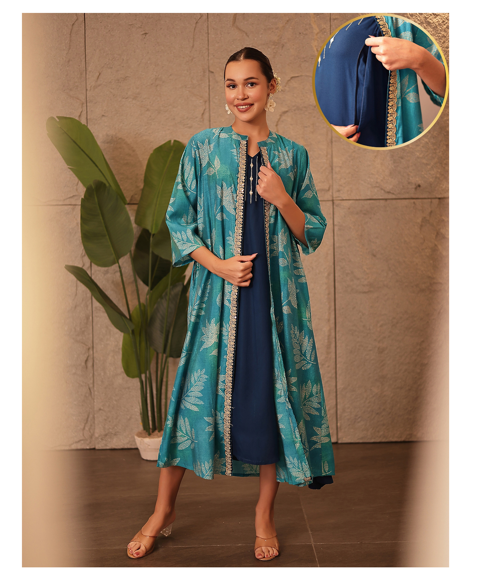 Zelena 100% Viscose Woven Mirrorwork Detailed & Threadwork Embroidered Maternity Dress With Side Seam Nursing Access & Three Fourth Sleeves Shrug - Sky Blue-picture-13