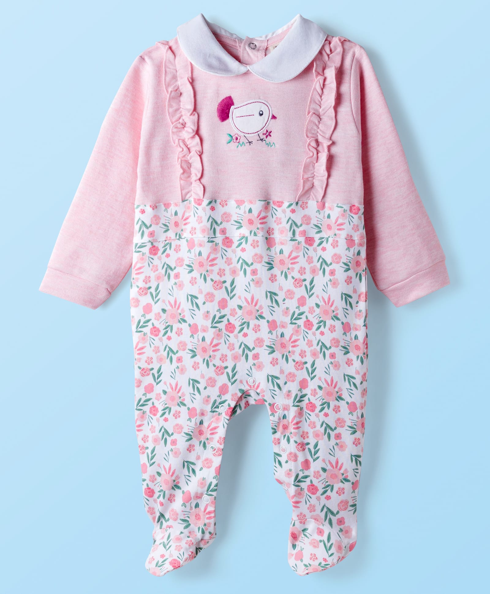 ToffyHouse Interlock Knit Full Sleeves Footed Sleepsuit With Floral Print - Peach-picture-19