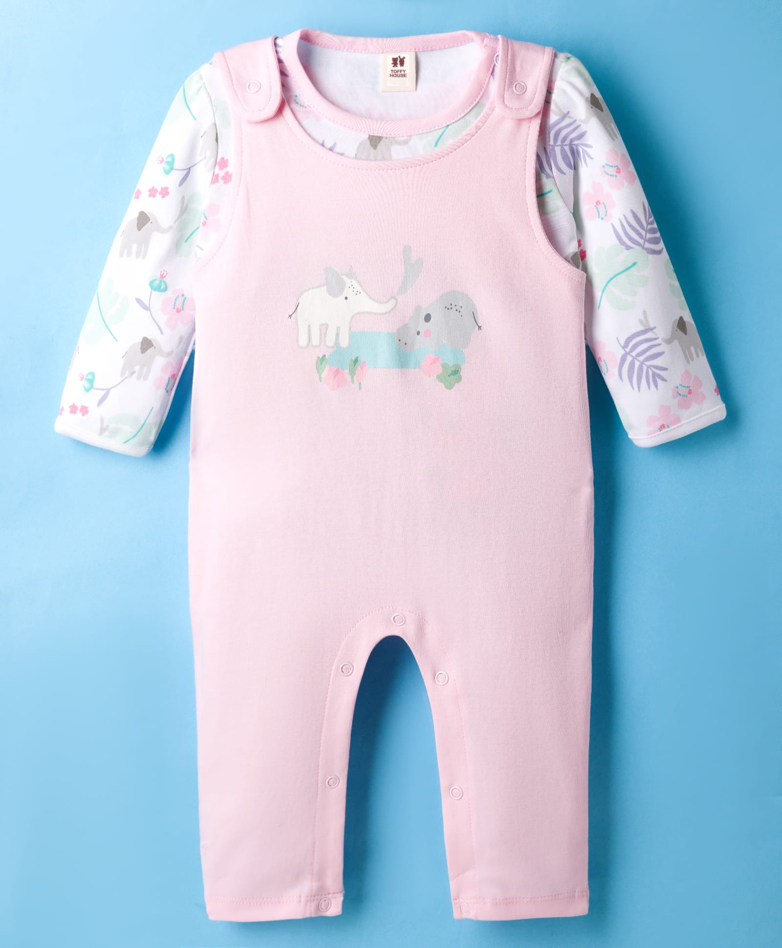 ToffyHouse Interlock Knit Dungaree & Full Sleeves Inner Tee With Elephant Print - Light Pink & White-image-45