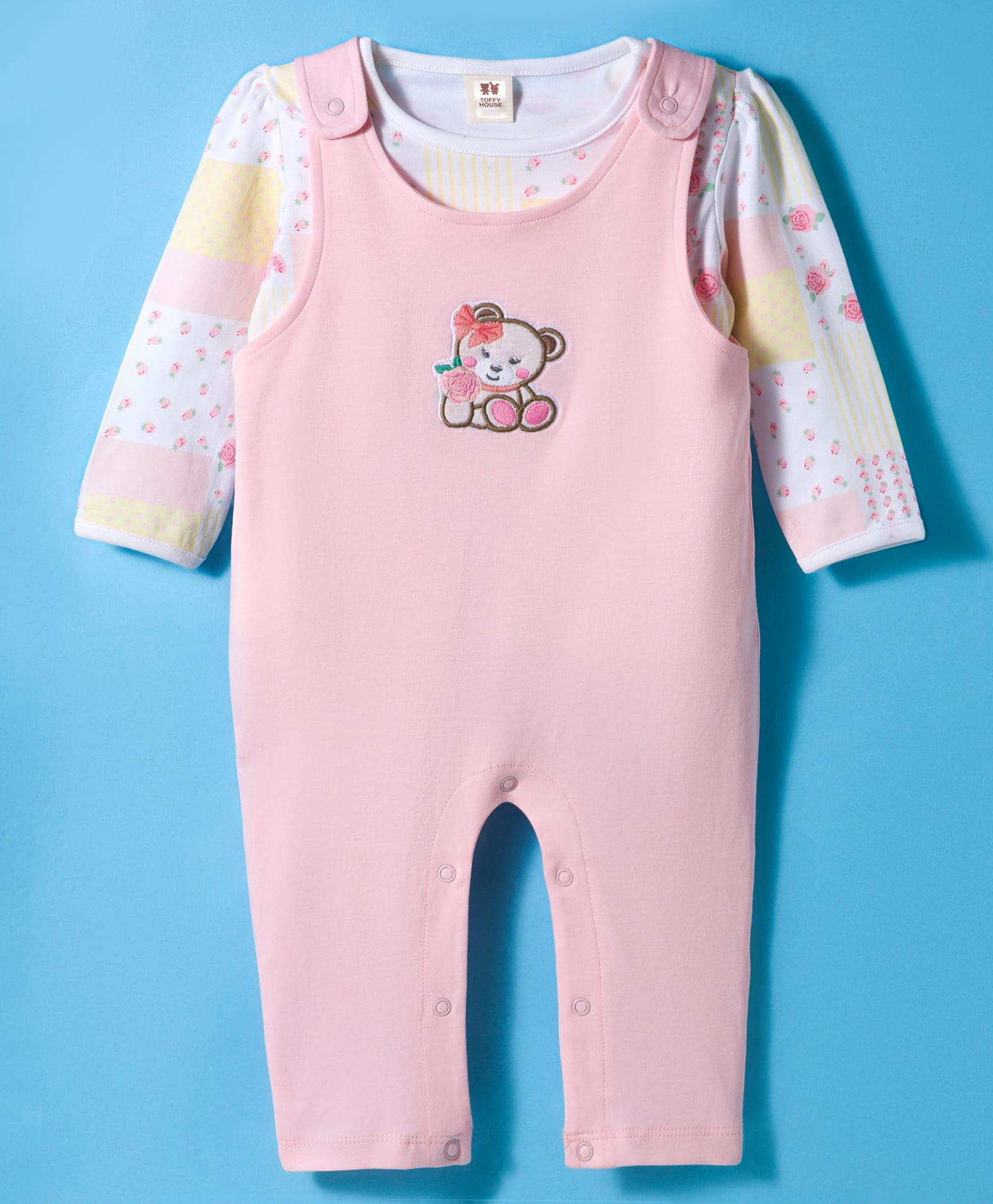 ToffyHouse Interlock Knit Dungaree & Full Sleeves Inner Tee With Teddy Bear Embroidery & Floral Print - Peach & White-image-40