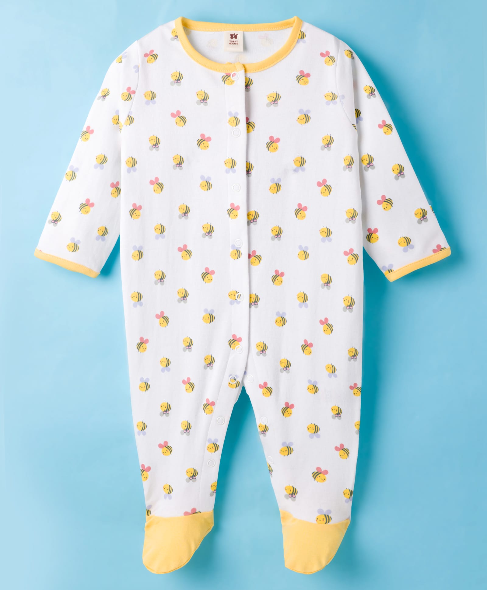 ToffyHouse Interlock Knit Full Sleeves Footed Sleepsuit With Bee Print - White-picture-32