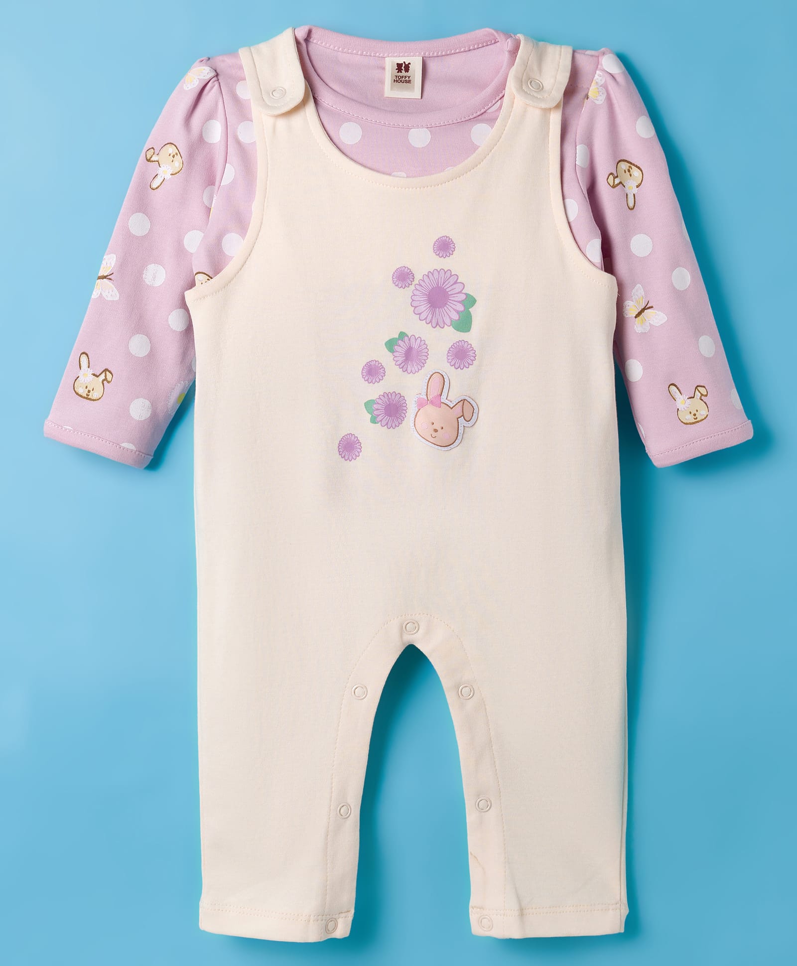 ToffyHouse Interlock Knit Full Sleeves Tee & Dungaree Set With Floral Print - Mauve-image-18
