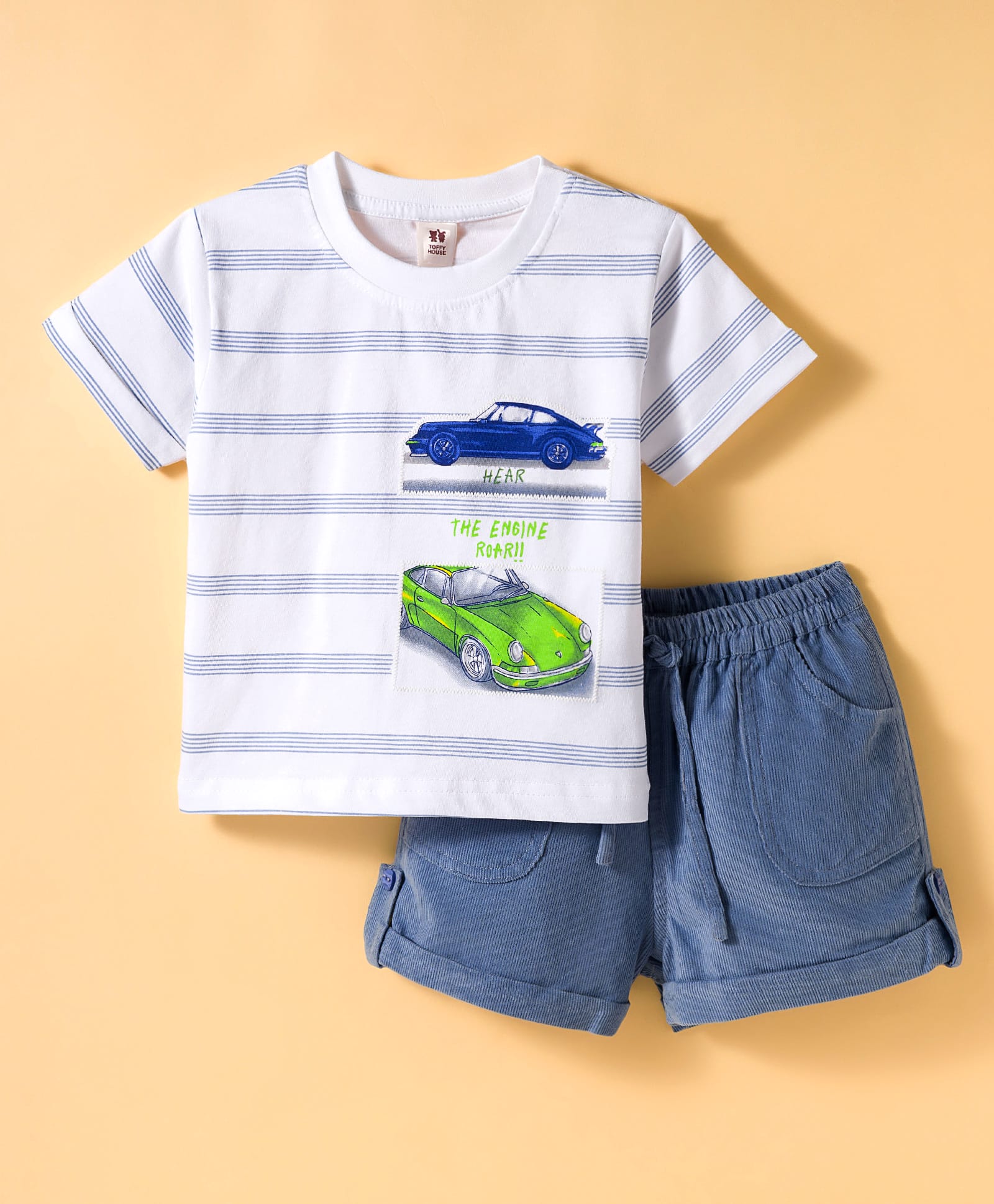 ToffyHouse Cotton Knit Half Sleeves T-Shirt & Shorts Set With Car Print - White & Blue-picture-16