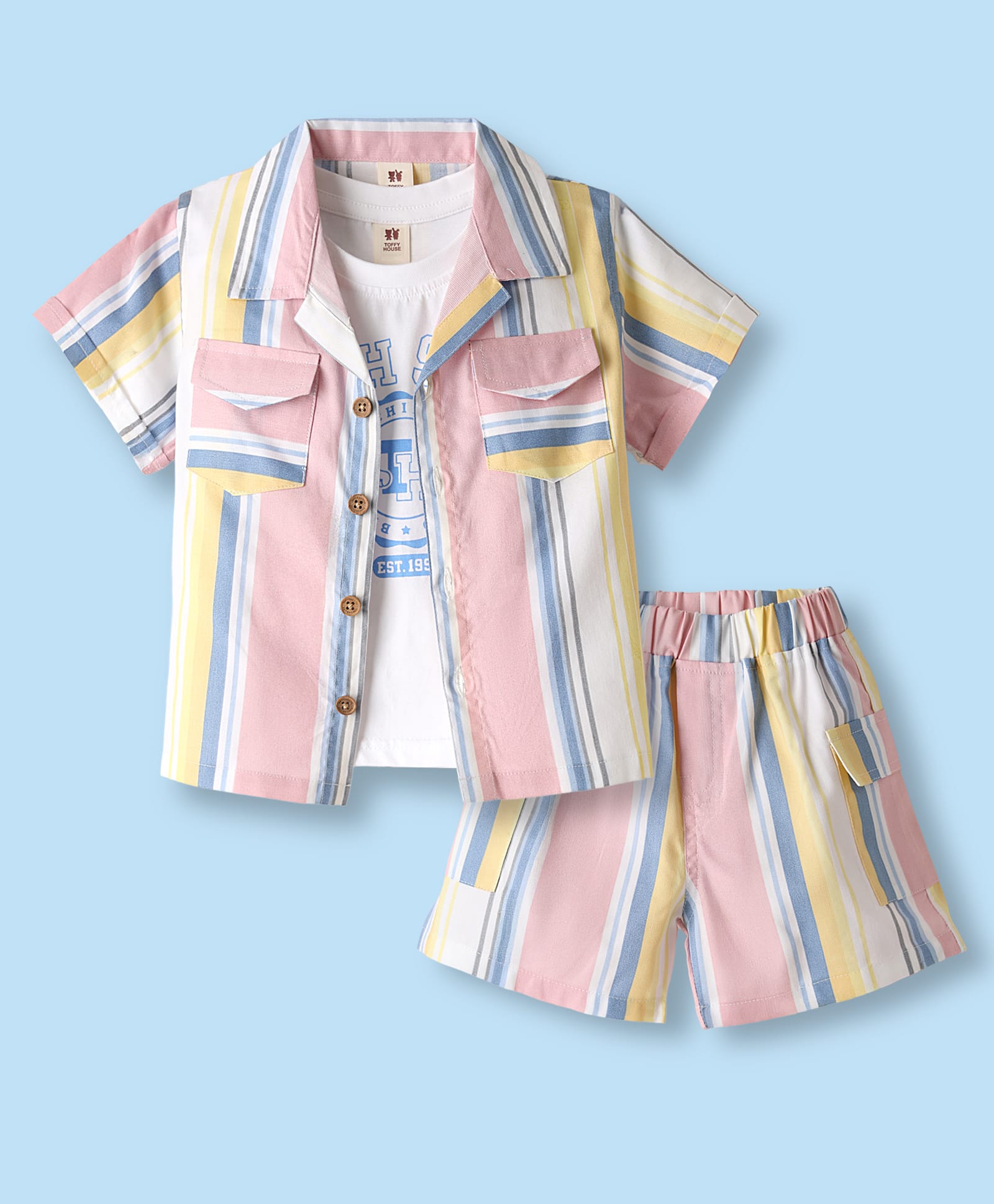 Toffyhouse Cotton Knit Half Sleeves Shirt With Inner Co-Ord T-Shirt & Shorts With Stripes - Pink & White-image-40