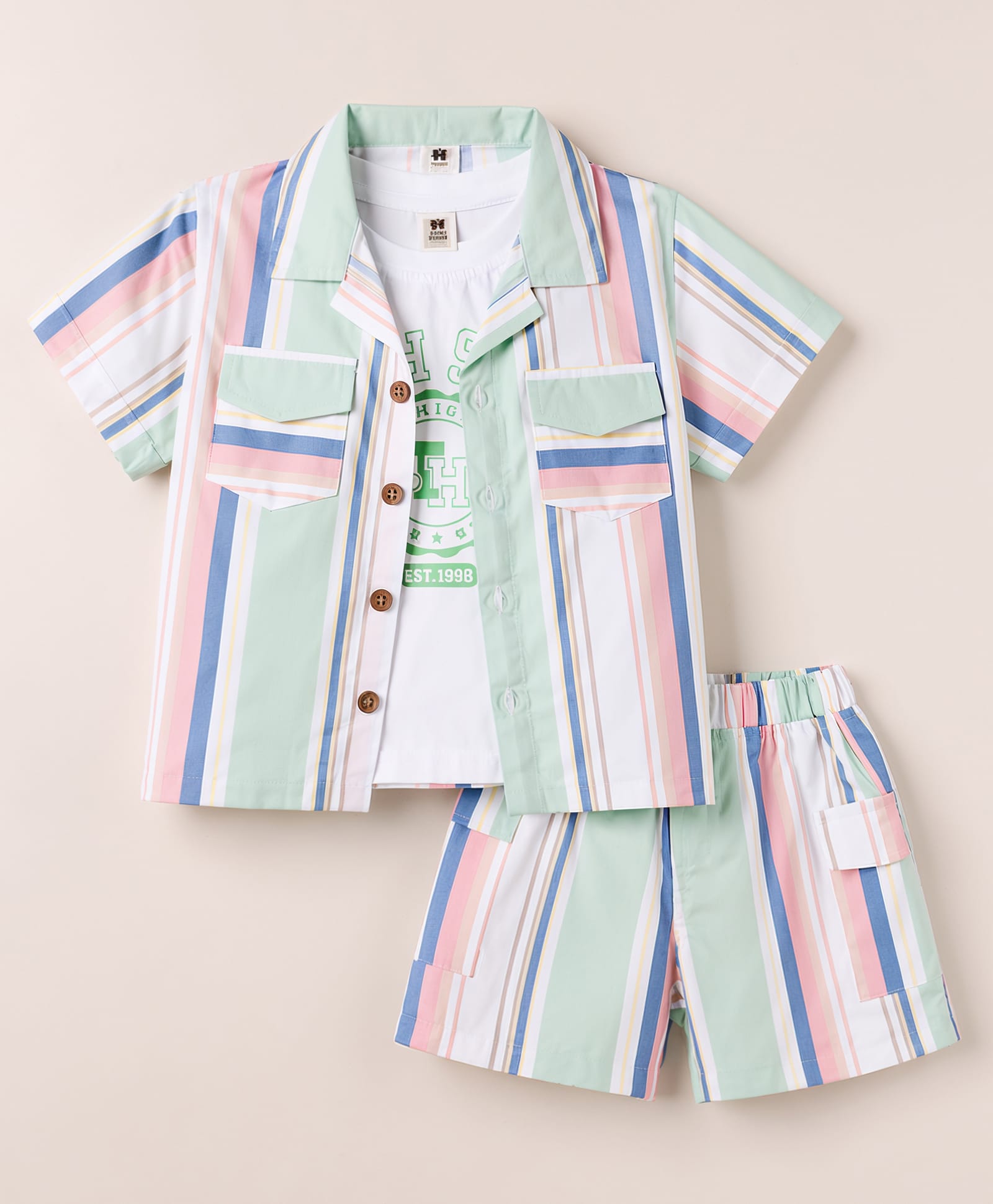 ToffyHouse Cotton Knit Half Sleeves Striped Shirt & Shorts Co-Ord Set With Printed T-Shirt - Multicolor-image-41