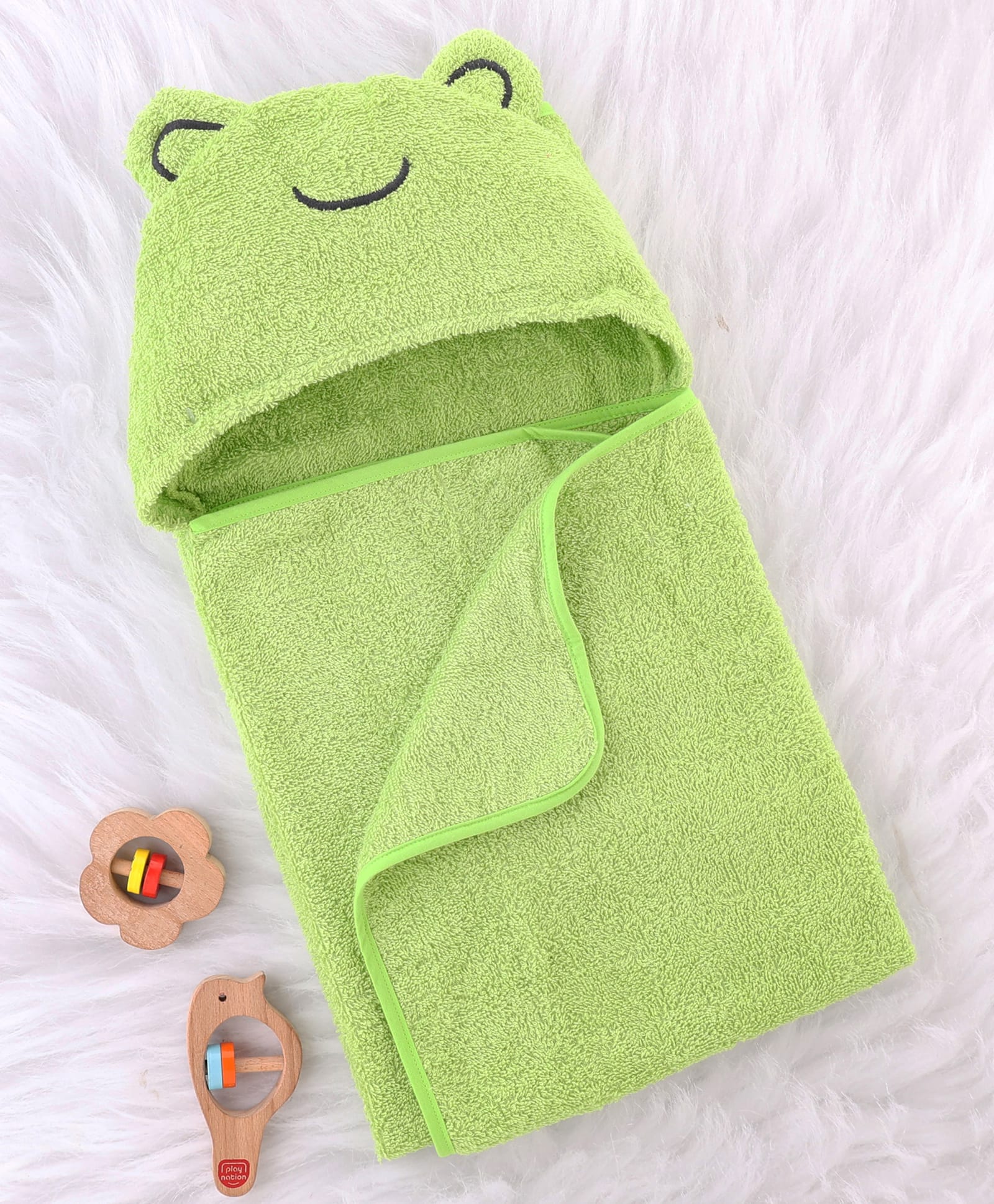 Babyhug Cotton Terry Woven Hooded Bath Towel with Froggo Print L 73 x B 73 cm - Light Green-image-25