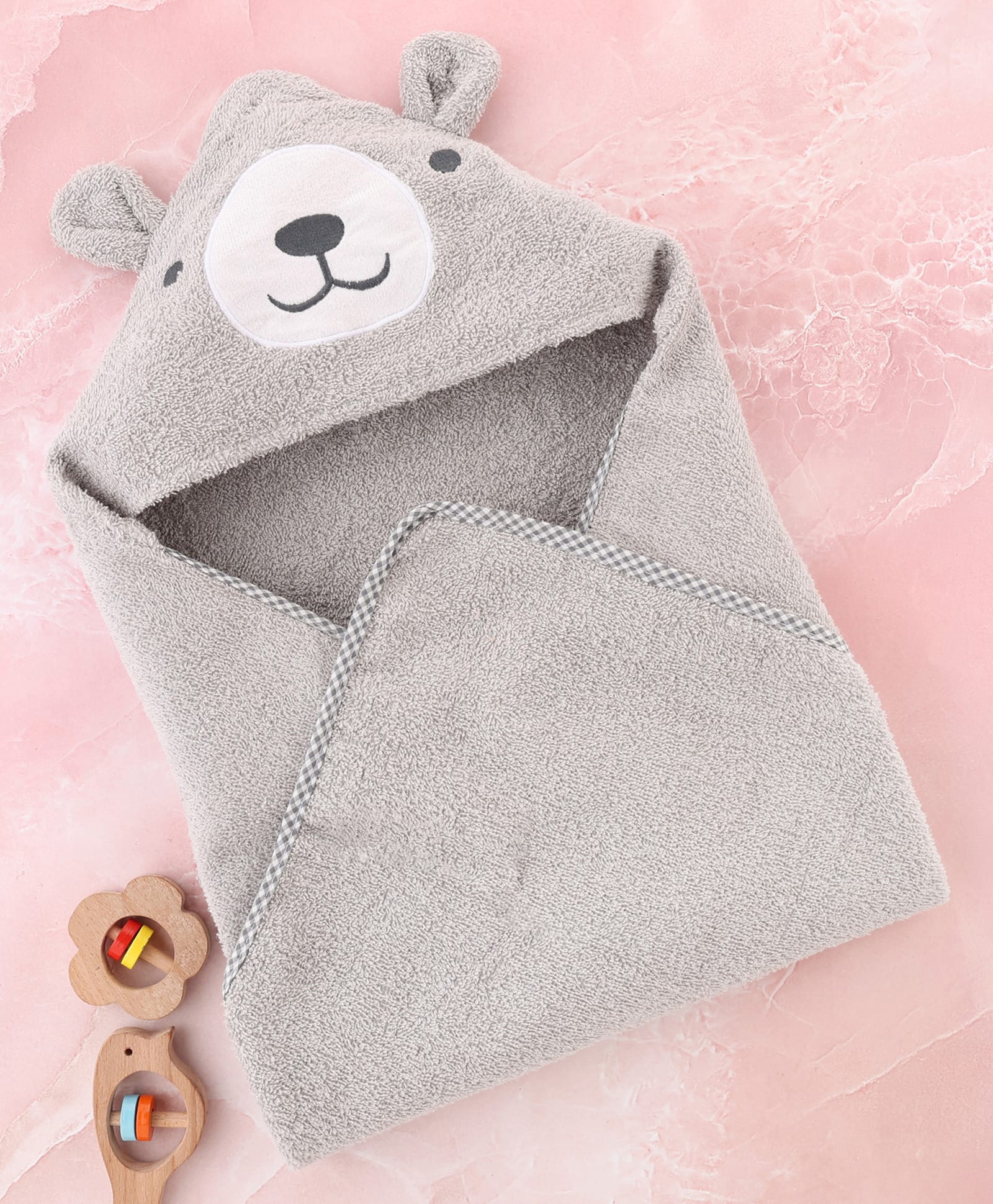 Babyhug Cotton Terry Woven Hooded Bath Towel with Bear Print L 73 x B 73 cm - Light Grey-picture-17