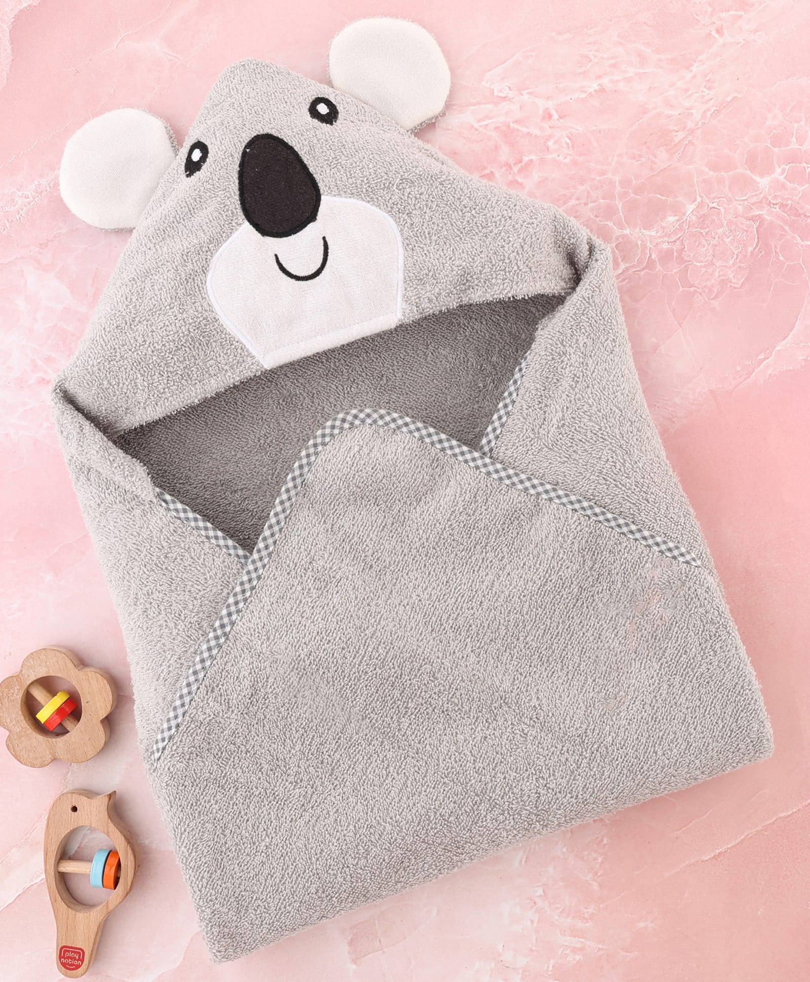 Babyhug Cotton Terry Woven Hooded Bath Towel with Koala Print L 73 x B 73 cm - Light Grey-image-26