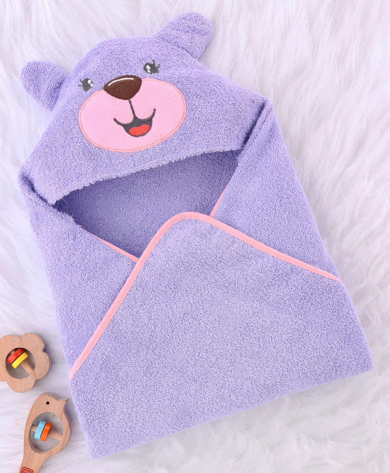 Babyhug Terry Woven Hooded Towel With Bear Applique & Embroidery L 76 x B 76 cm - Lavender