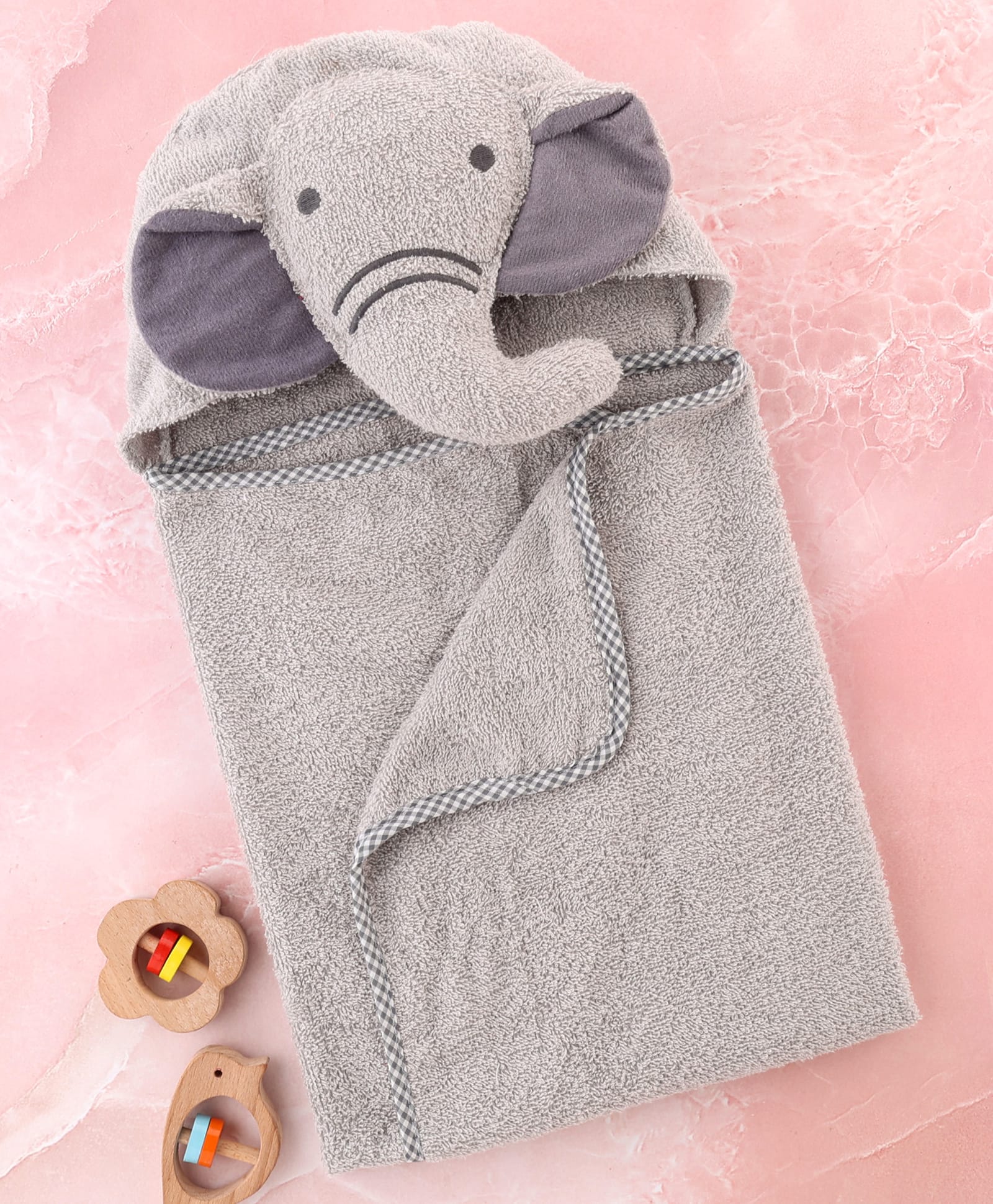 Babyhug Cotton Terry Woven Hooded Bath Towel with Elephant Print L 73 x B 73 cm - Light Grey-image-25