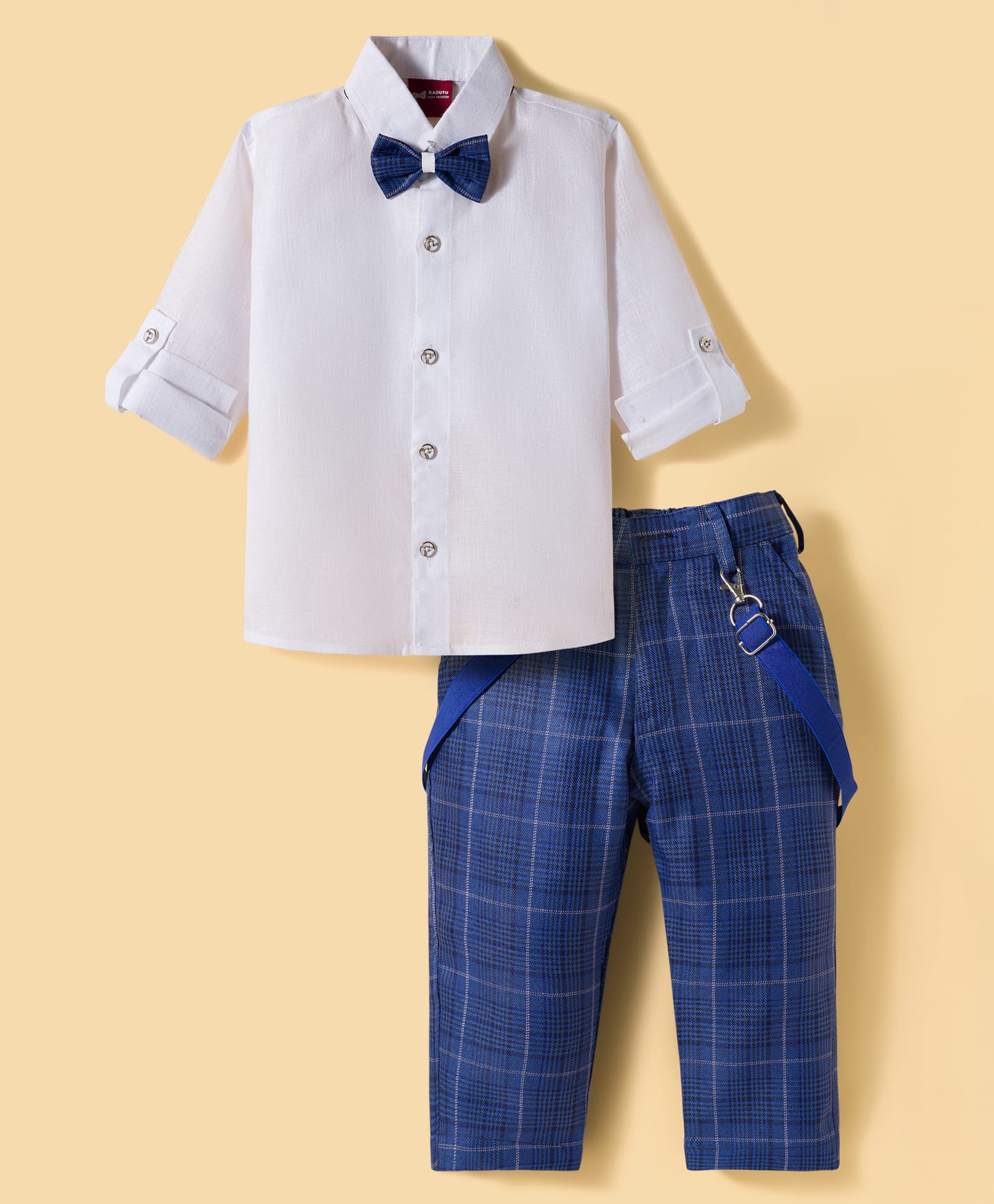 Radutu Full Sleeves Solid Shirt & Pant Set With Suspender & Bow - White & Blue-image-31