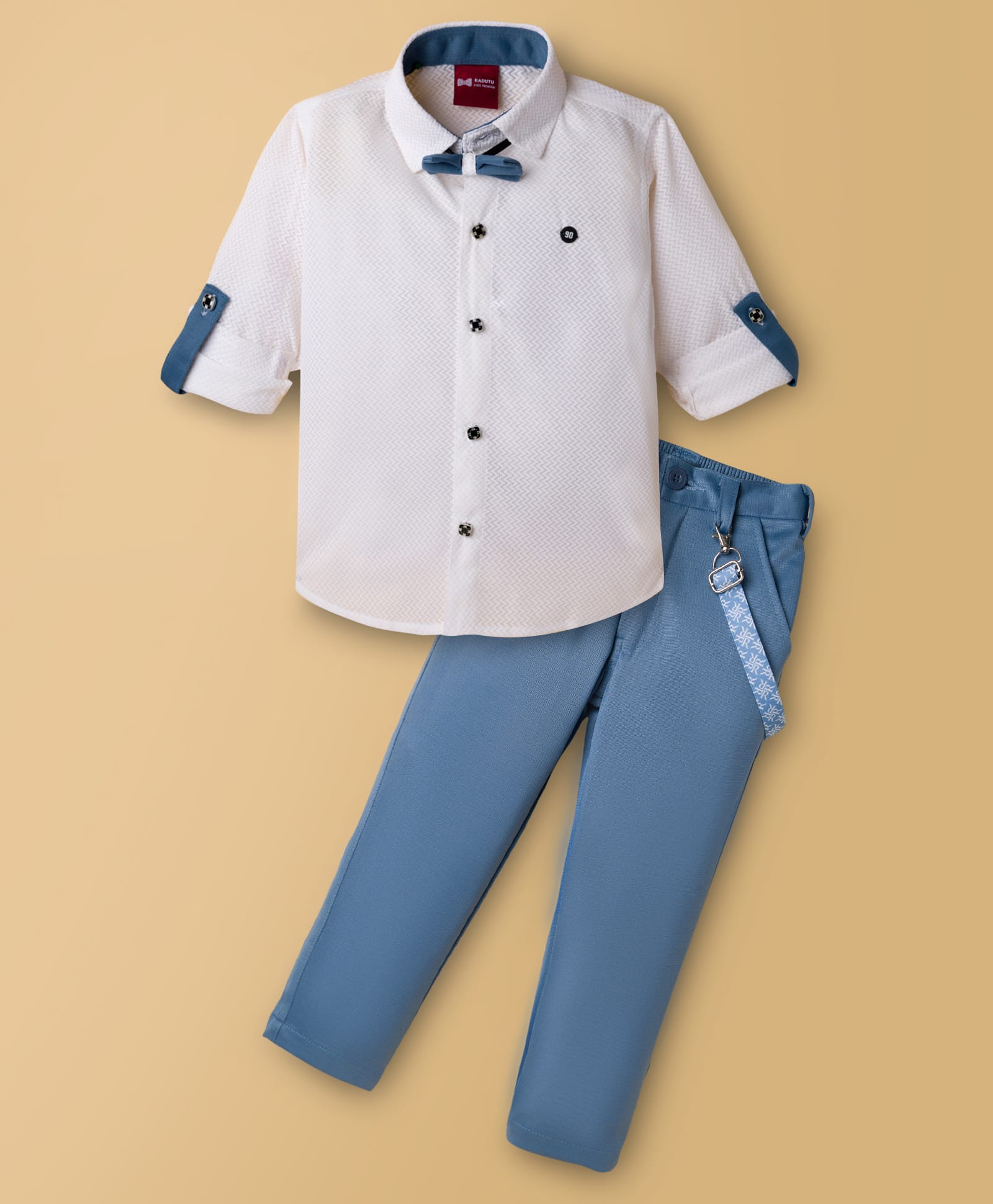 Radutu Full Sleeves Textured Shirt & Pant Set With Suspender & Bow - White & Sky Blue-image-34