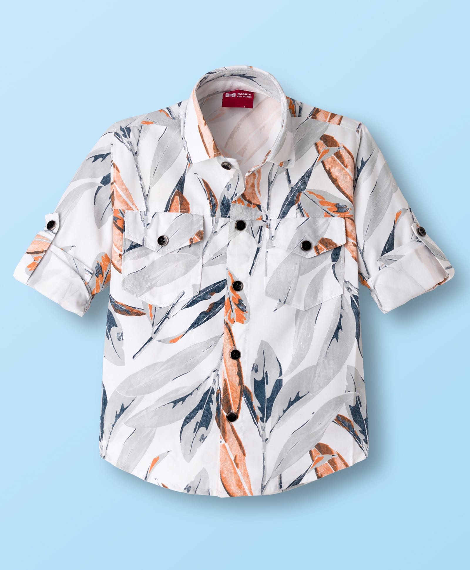 Radutu Full Sleeves Leaves Printed Shirt - White & Orange-picture-20