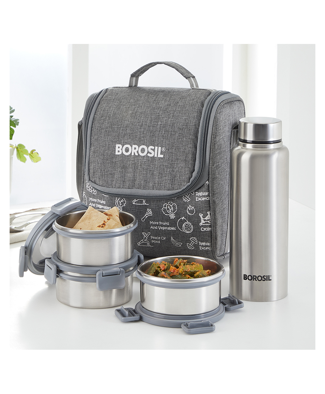 Borosil Slate Stainless Steel Lunchbox 280 ml x 3 Container with 600 ml Bottle Set Single Wall Dishwasher Safe with 1 Year Warranty - Grey-image-15