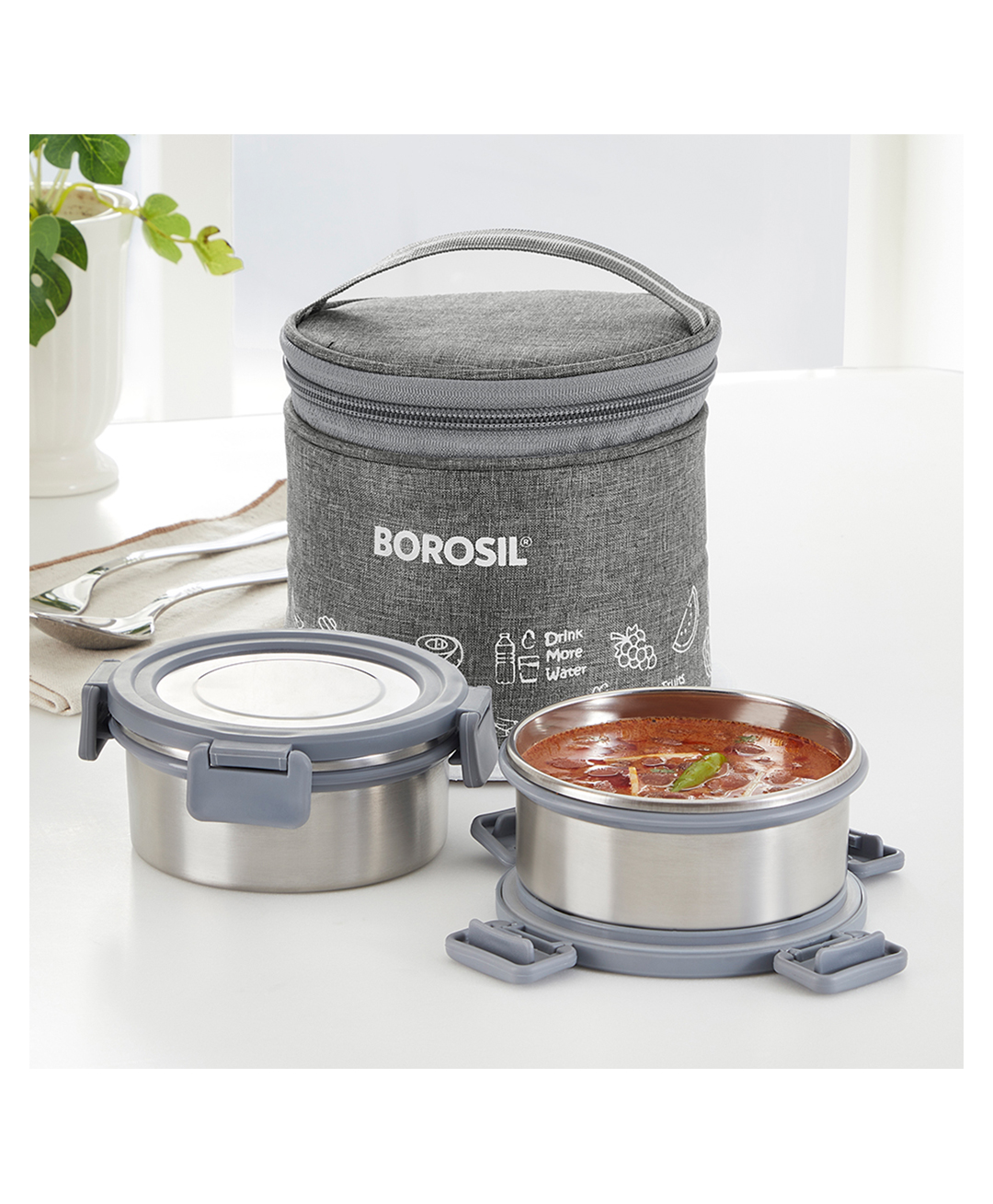 Borosil Slate Stainless Steel Vertical Lunchbox 280 ml x 2 Round Container Set Single Wall Dishwasher Safe with 1 Year Warranty - Grey-image-26